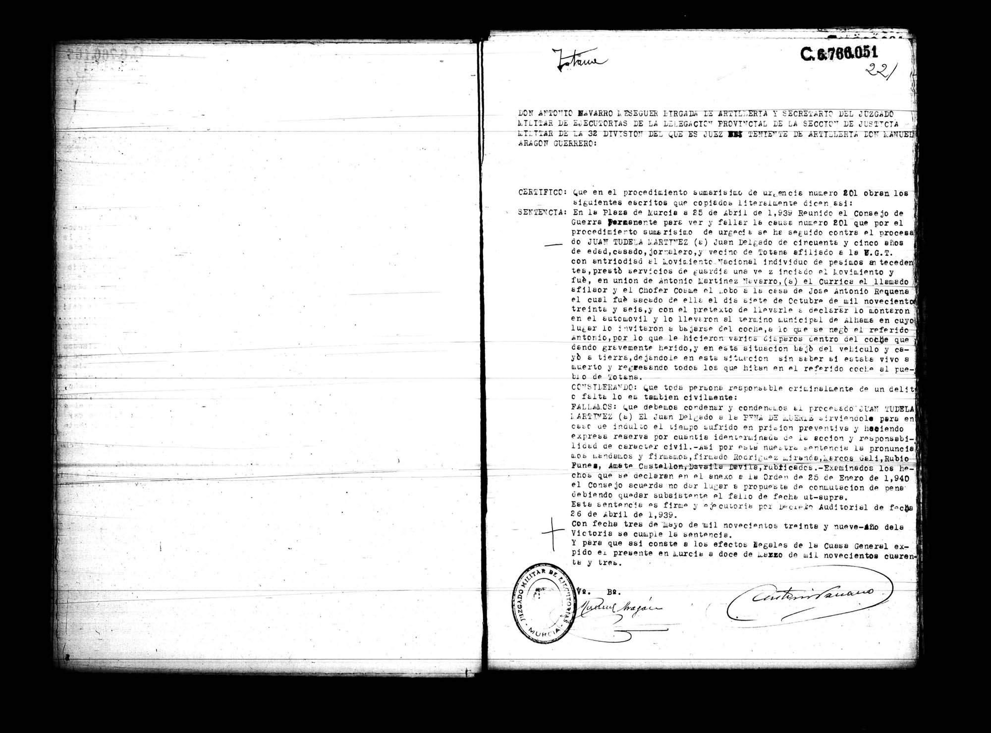 Certificado de la sentencia pronunciada contra Juan Tudela Martínez, causa 201, el 25 de abril de 1939 en Murcia.
