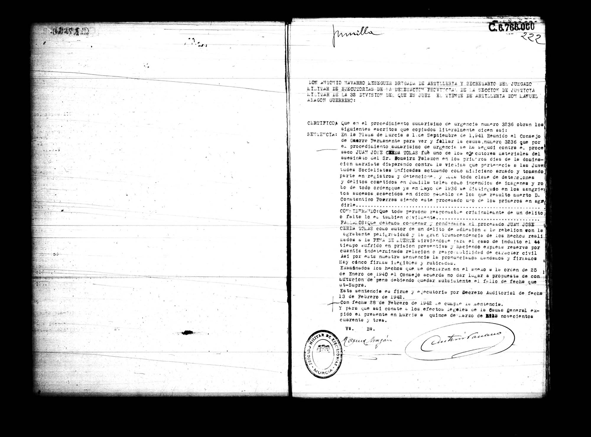 Certificado de la sentencia pronunciada contra Juan José Cerdá Tomás, causa 3236, el 1 de septiembre de 1941 en Murcia.