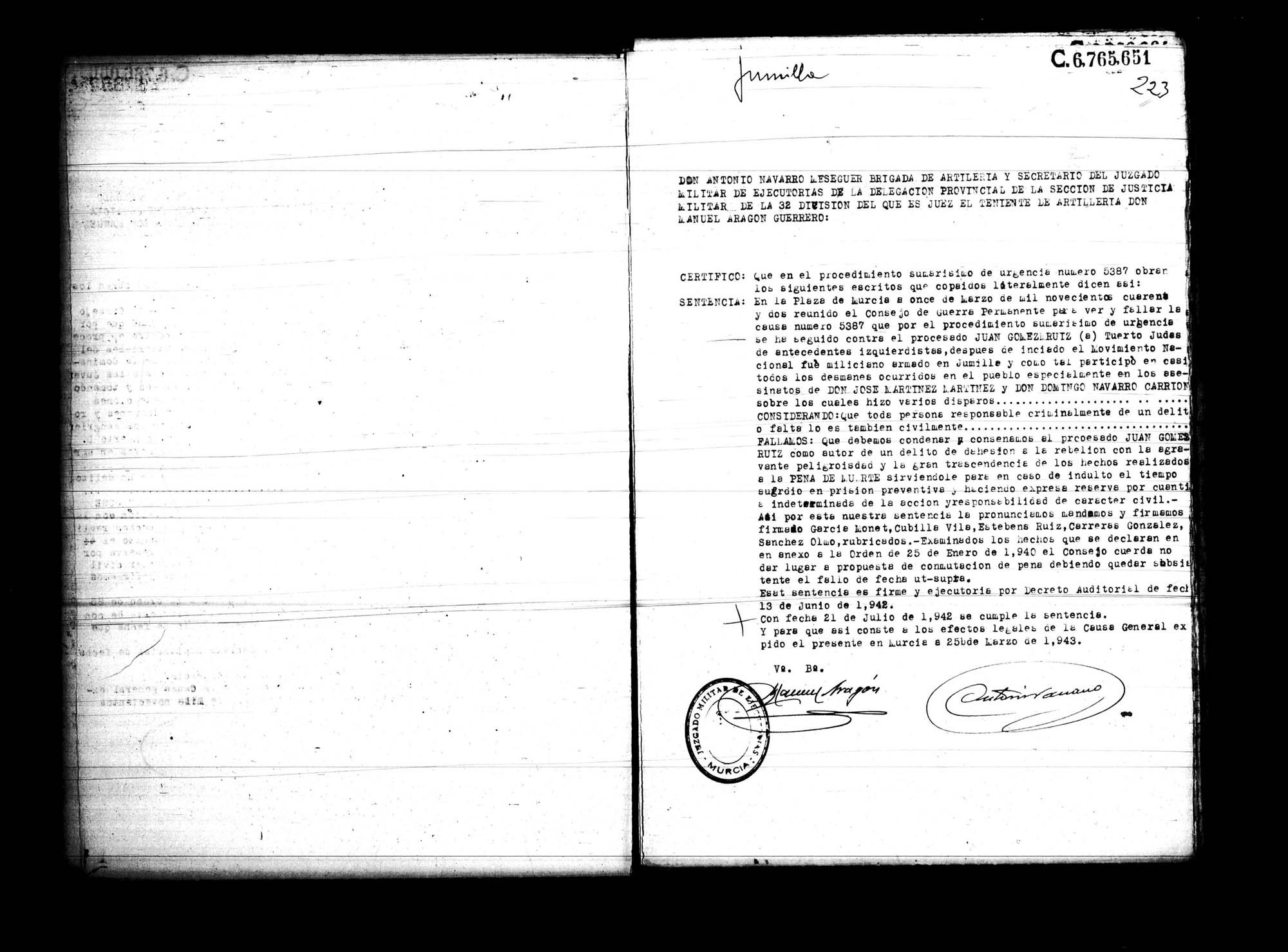 Certificado de la sentencia pronunciada contra Juan Gómez Ruiz, causa 5387, el 11 de marzo de 1942 en Murcia.