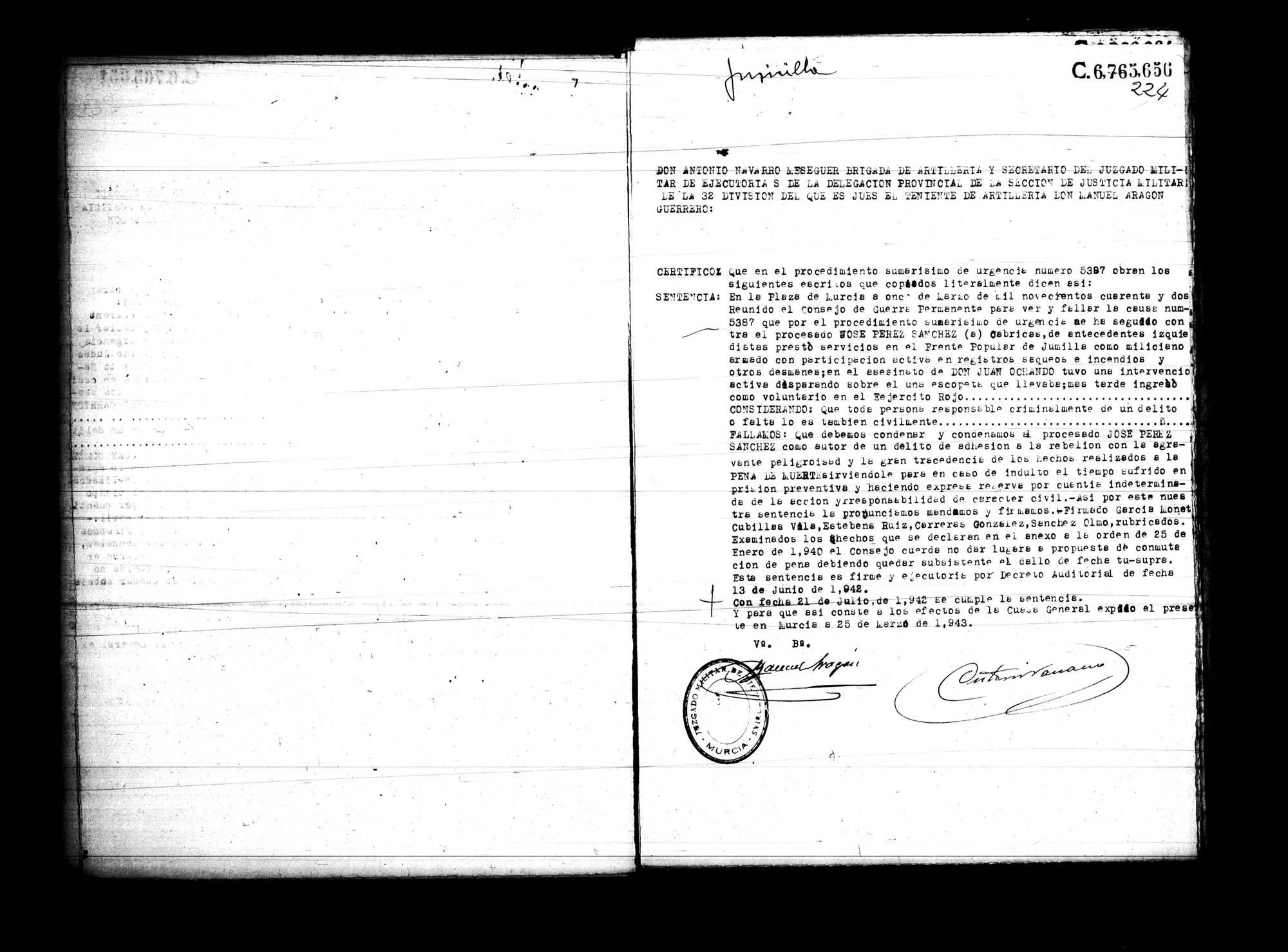 Certificado de la sentencia pronunciada contra José Pérez Sánchez, causa 5387, el 11 de marzo de 1942 en Murcia.