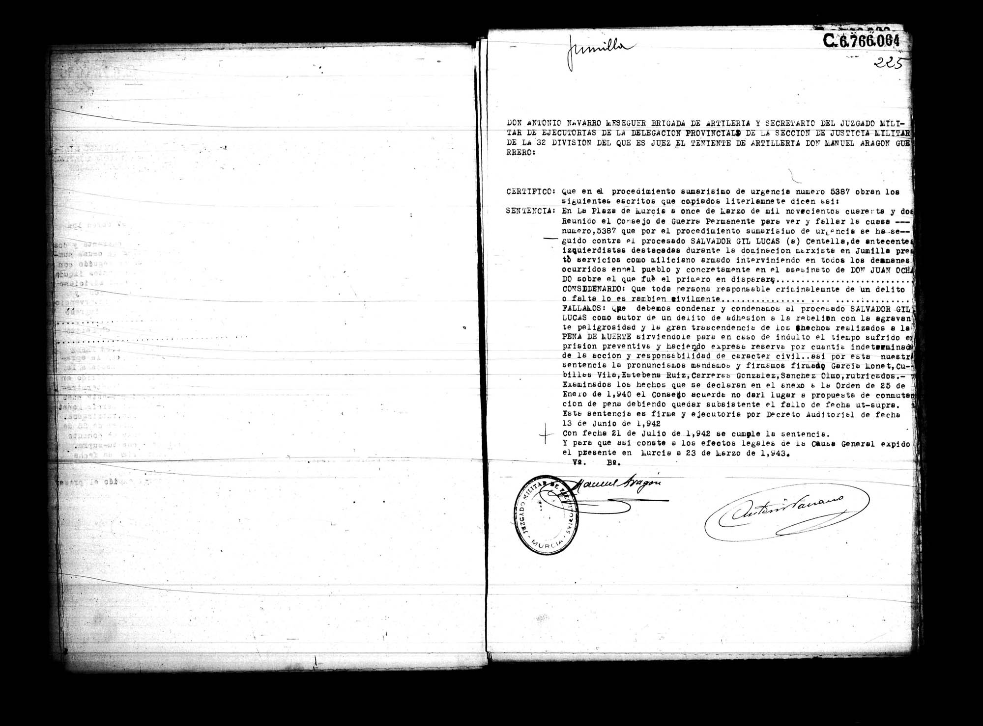 Certificado de la sentencia pronunciada contra Salvador Gil Lucas, causa 5387, el 11 de marzo de 1942 en Murcia.