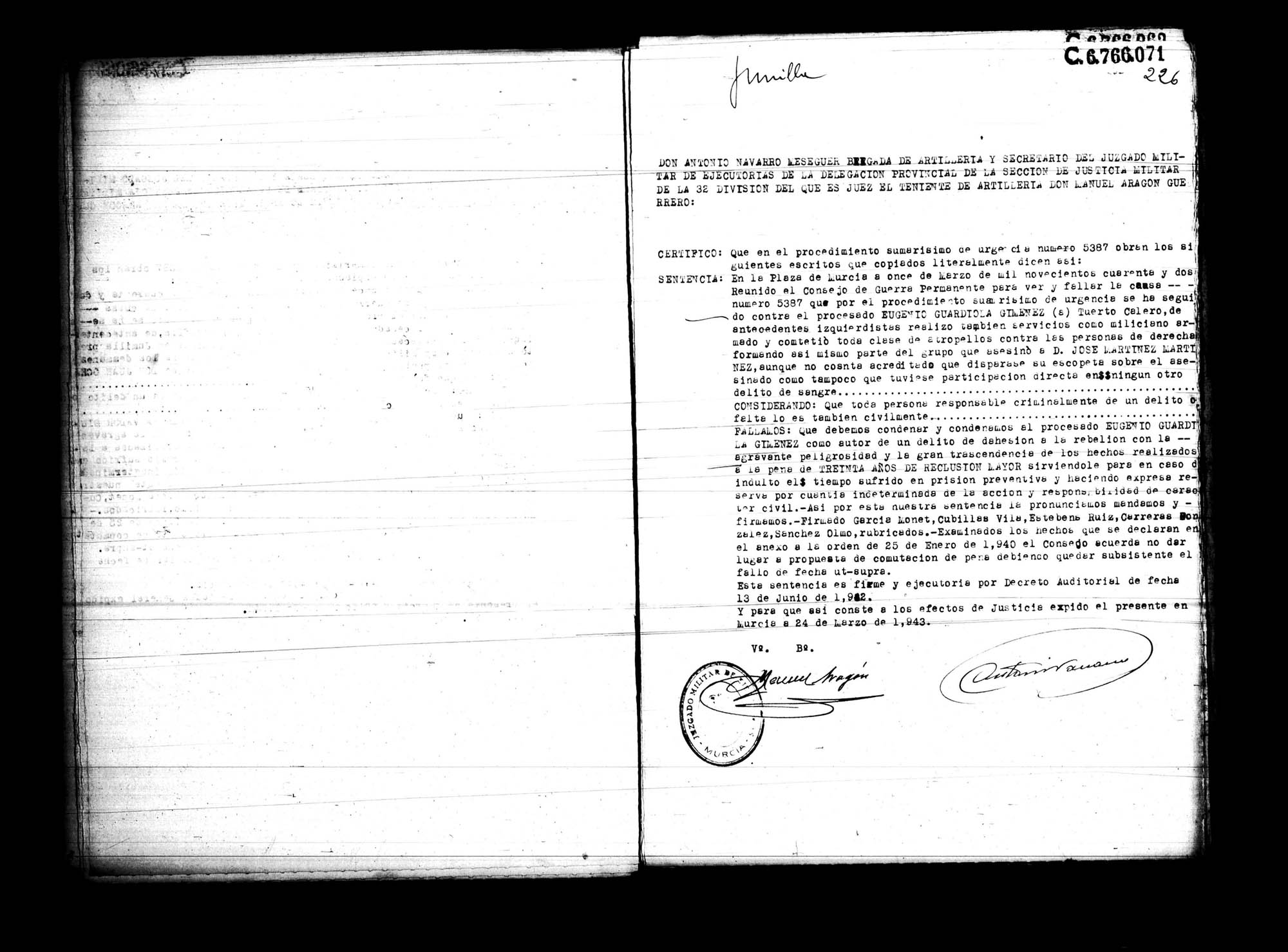 Certificado de la sentencia pronunciada contra Eugenio Guardiola Giménez, causa 5387, el 11 de marzo de 1942 en Murcia.
