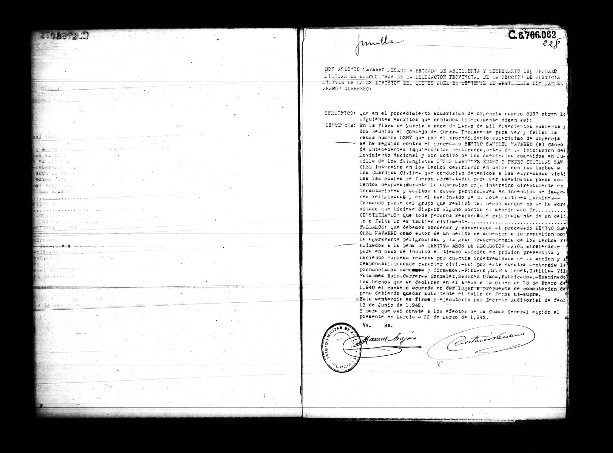Certificado de la sentencia pronunciada contra Benito Sánchez Navarro, causa 5387, el 11 de marzo de 1942 en Murcia.