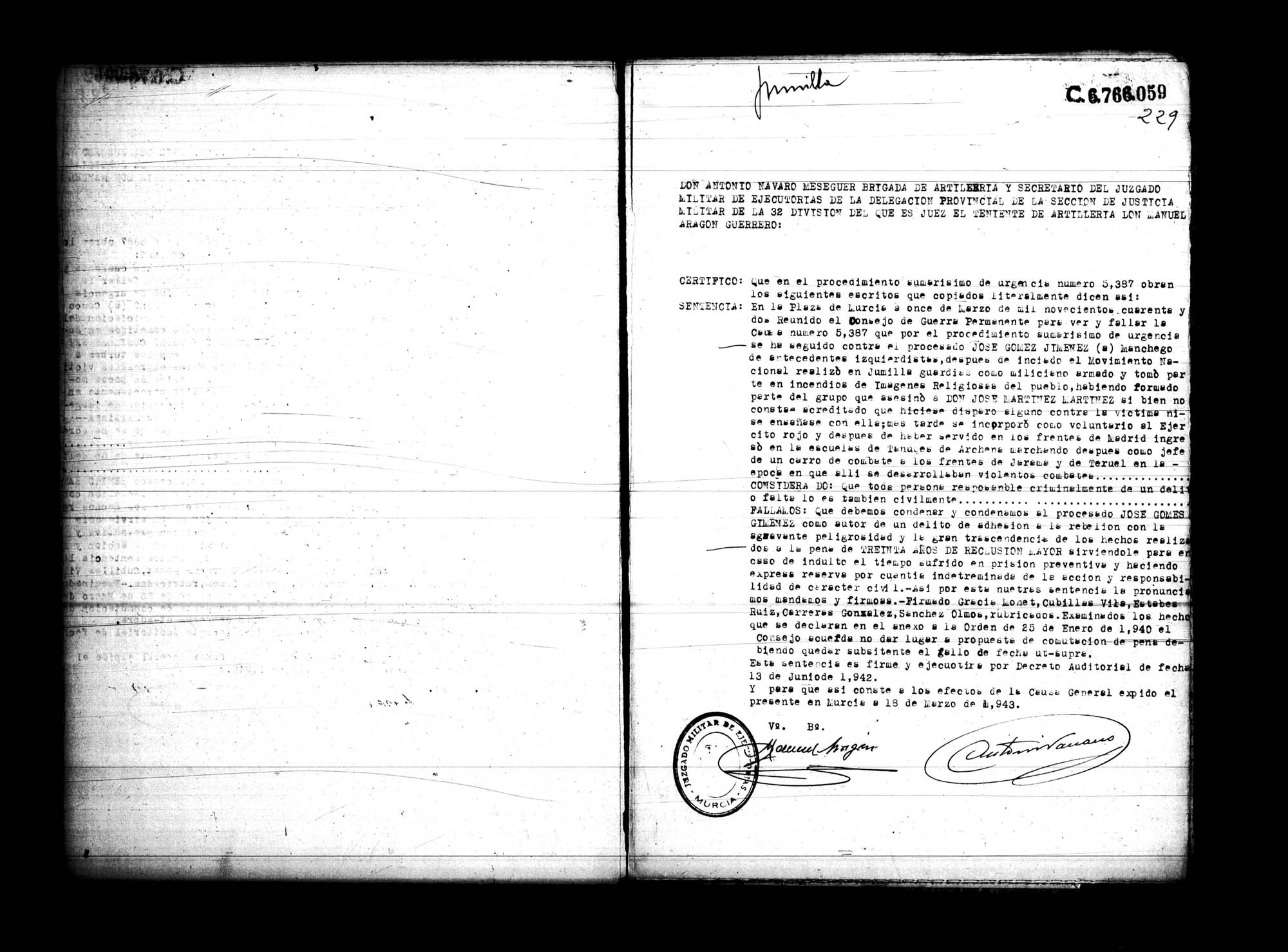 Certificado de la sentencia pronunciada contra José Gómez Giménez, causa 5387, el 11 de marzo de 1942 en Murcia.