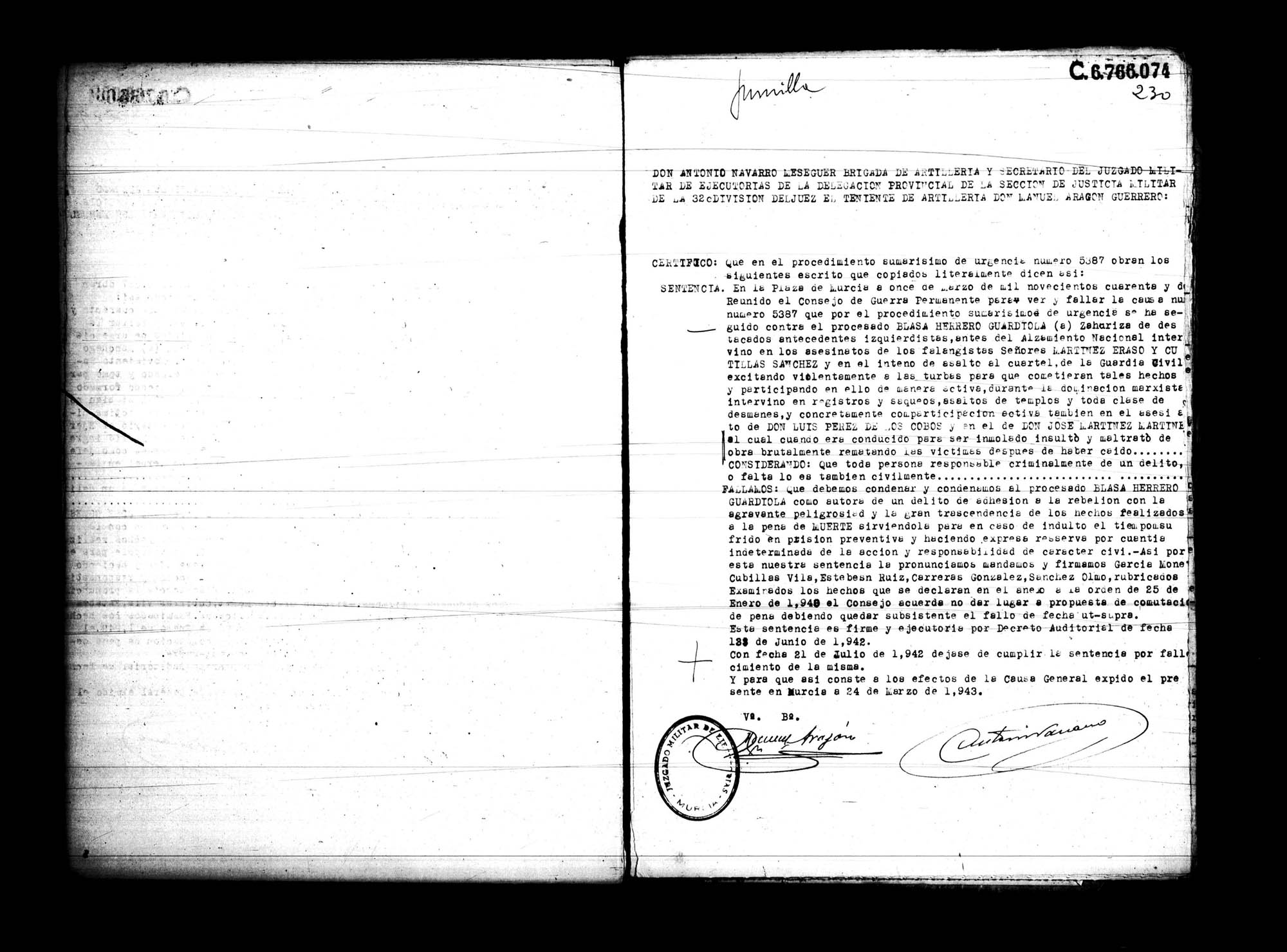 Certificado de la sentencia pronunciada contra Blasa Herrero Guardiola, causa 5387, el 11 de marzo de 1492 en Murcia.