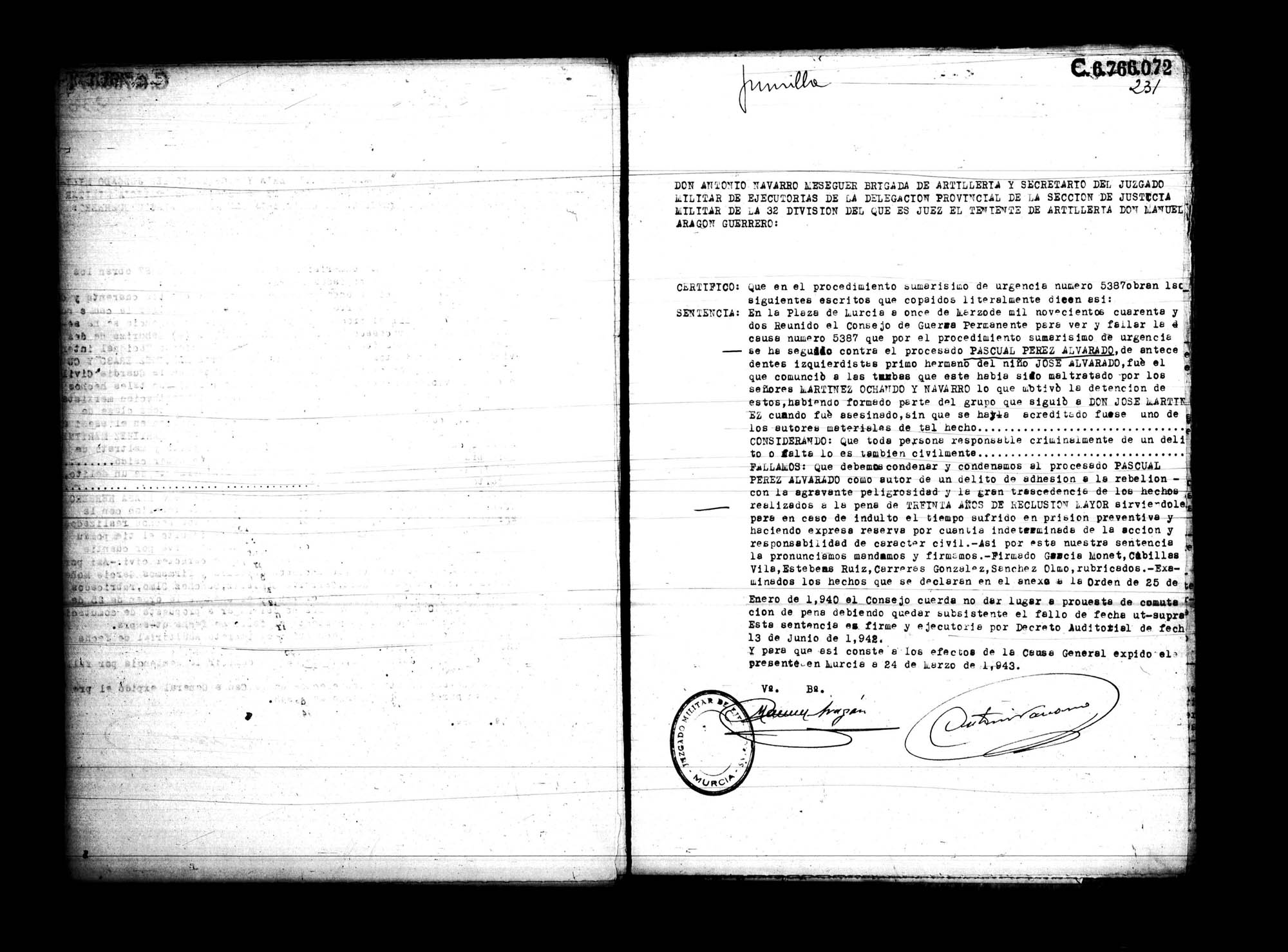 Certificado de la sentencia pronunciada contra Pascual Pérez Alvarado, causa 5387, el 11 de marzo de 1942 en Murcia.