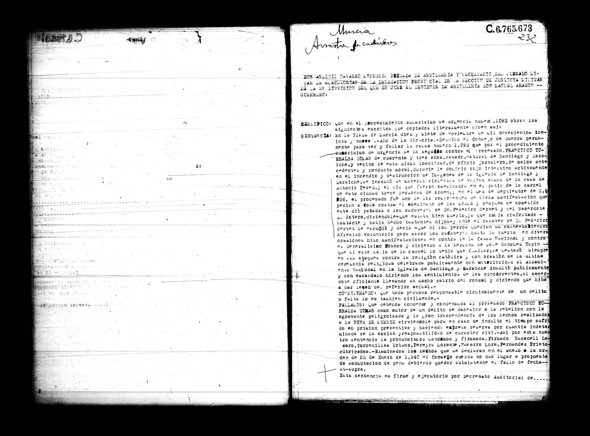 Certificado de la sentencia pronunciada contra Francisco Torralba Tomás, natural de Santiago y Zaraiche, causa 1093, el 17 de noviembre de 1939 en Murcia.