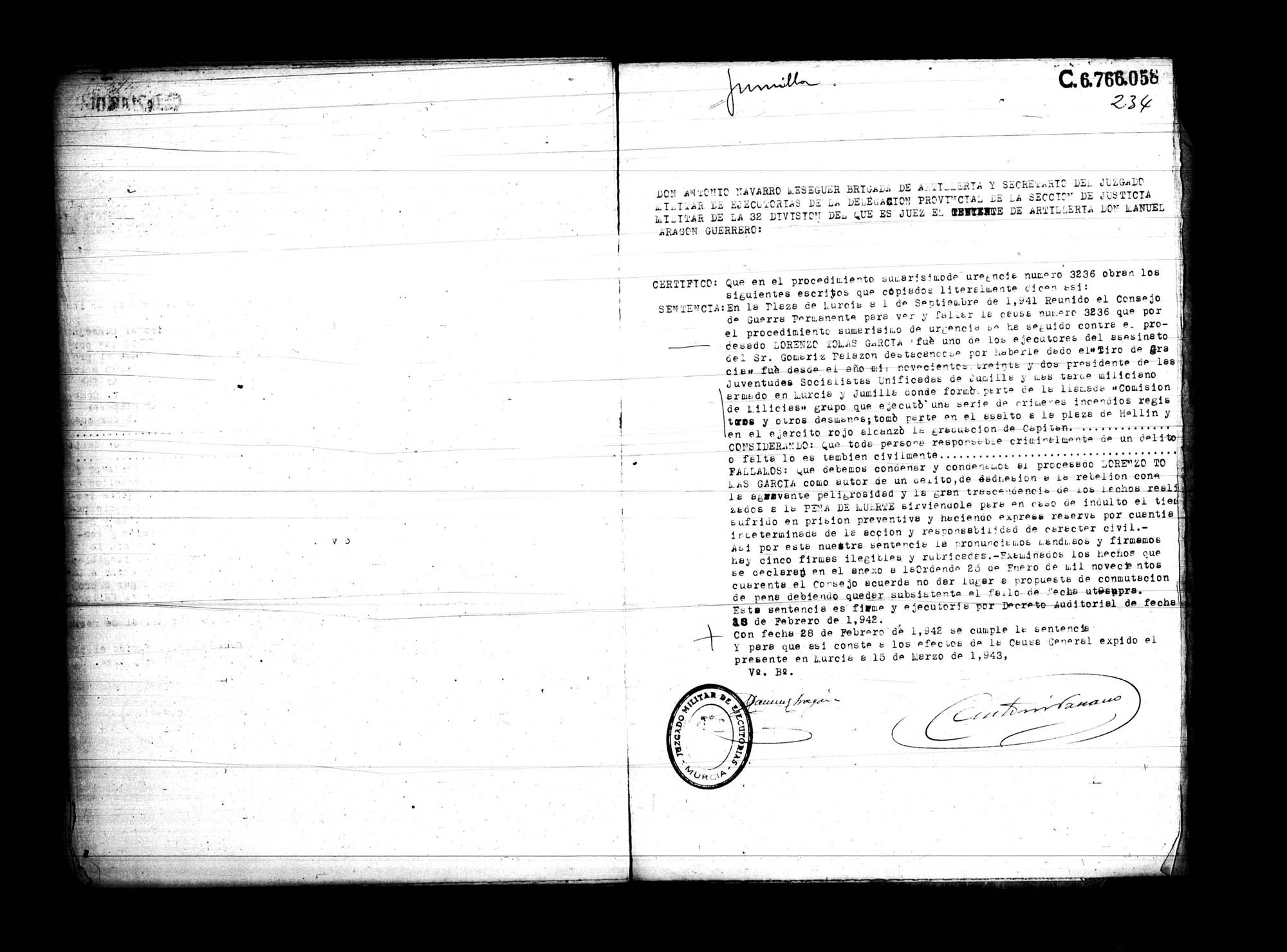 Certificado de la sentencia pronunciada contra Lorenzo Tomás García, causa 3236, el 1 de septiembre de 1941 en Murcia.