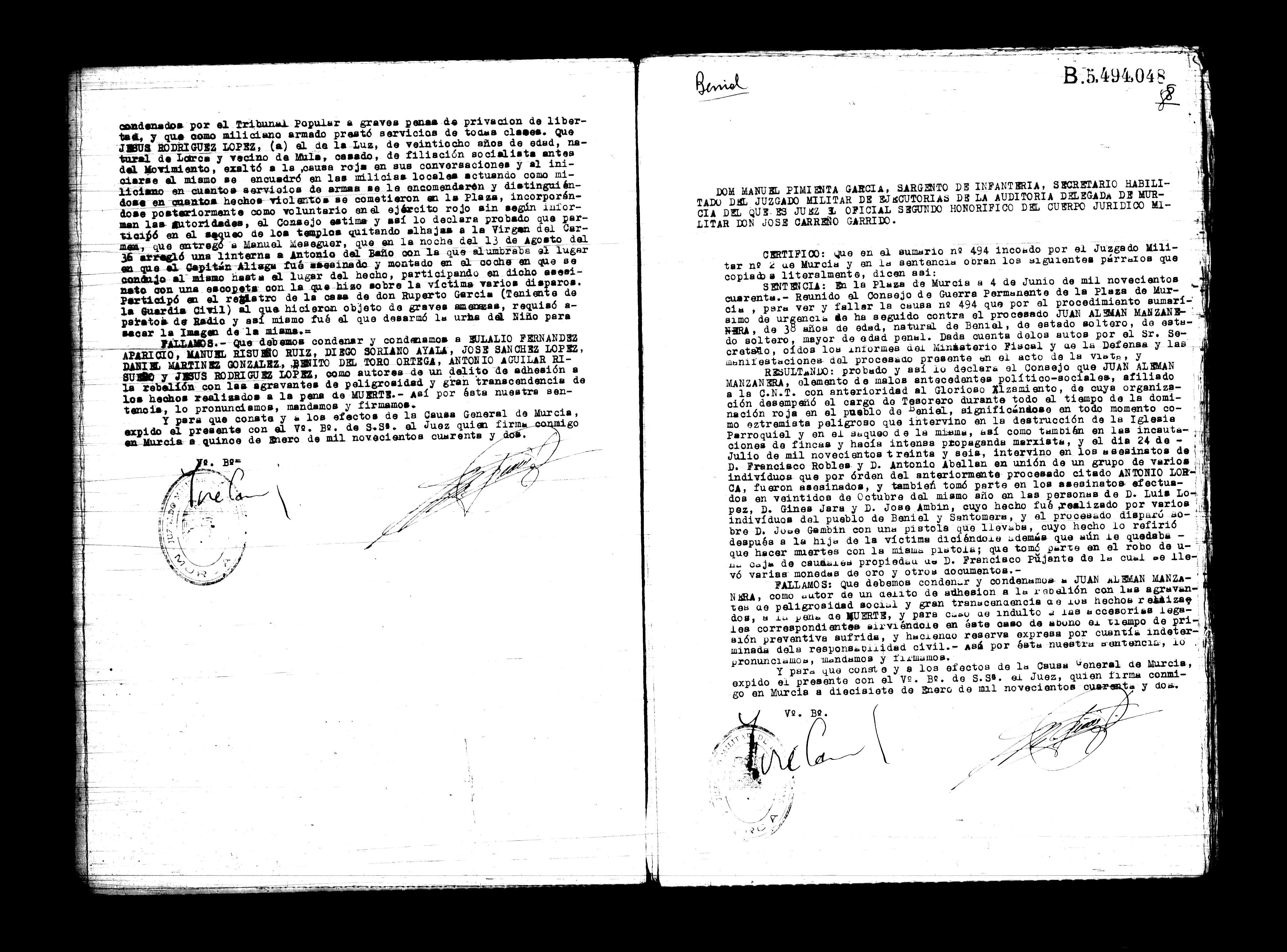 Certificado de la sentencia pronunciada contra Juan Alemán Manzanera, causa 494, el 4 de junio de 1940.