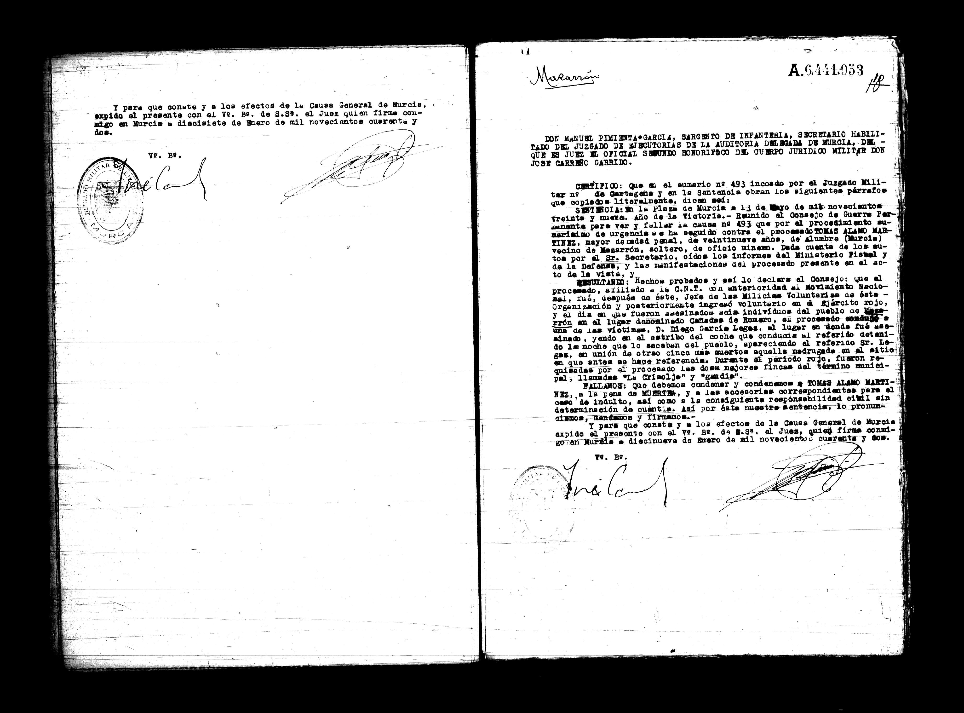 Certificado de la sentencia pronunciada contra Tomás Álamo Martínez, causa 493, el 13 de mayo de 1939 en Murcia.