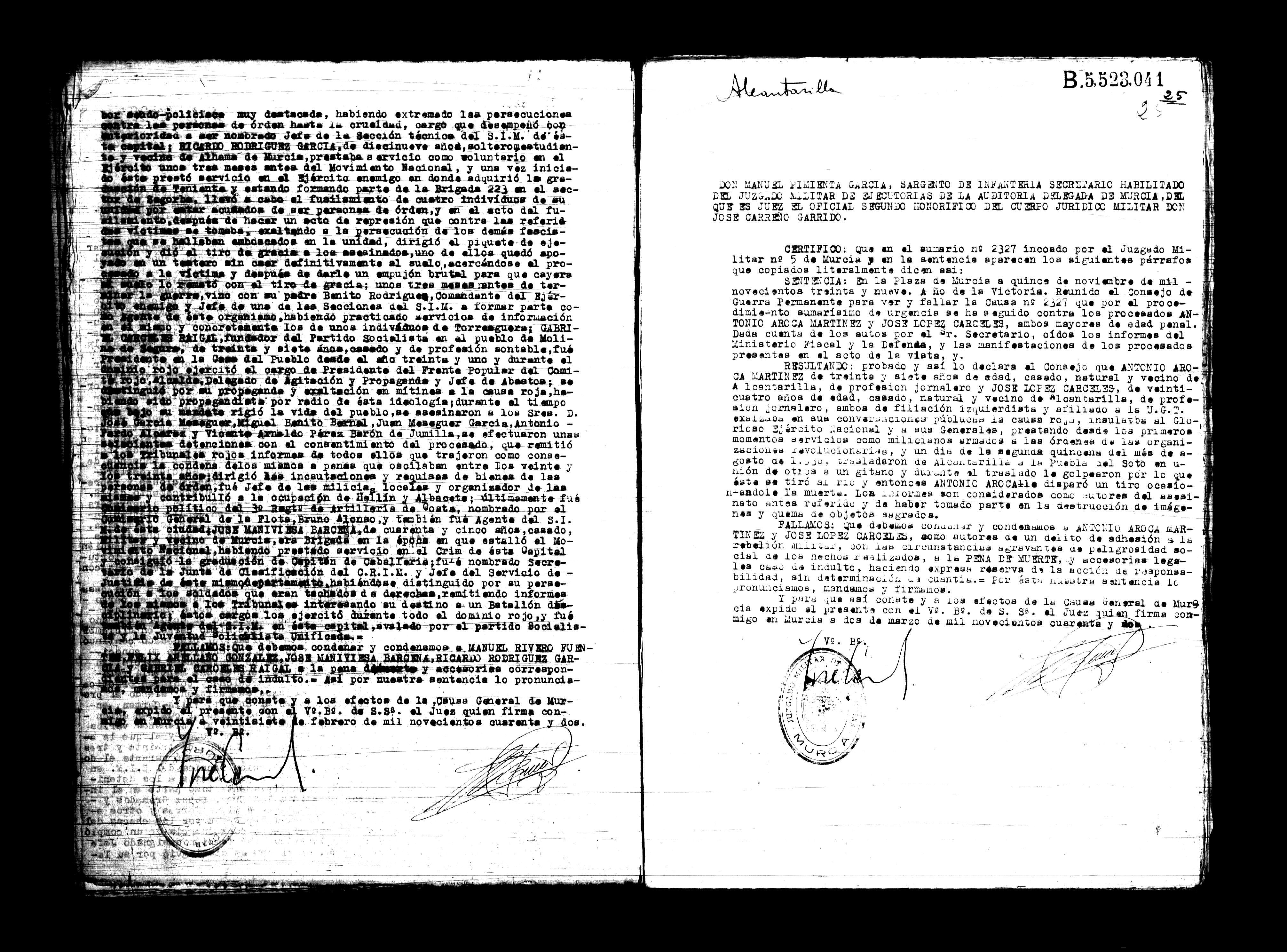 Certificado de la sentencia pronunciada contra Antonio Aroca Martínez y José López Cárceles, causa 2327, el 15 de noviembre de 1939 en Murcia.