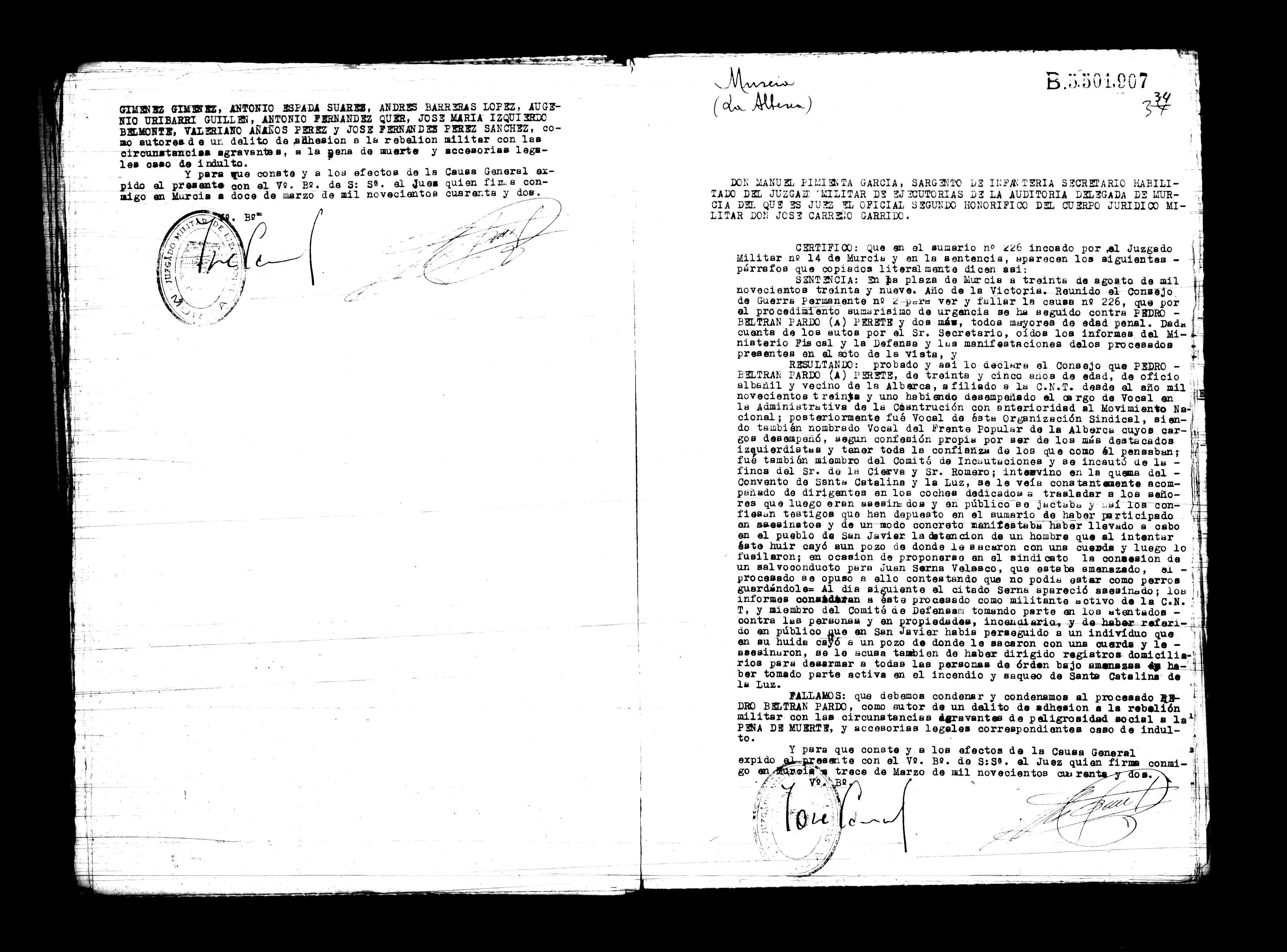 Certificado de la sentencia pronunciada contra Pedro Beltrán Pardo, causa 226, el 30 de agosto de 1939 en Murcia