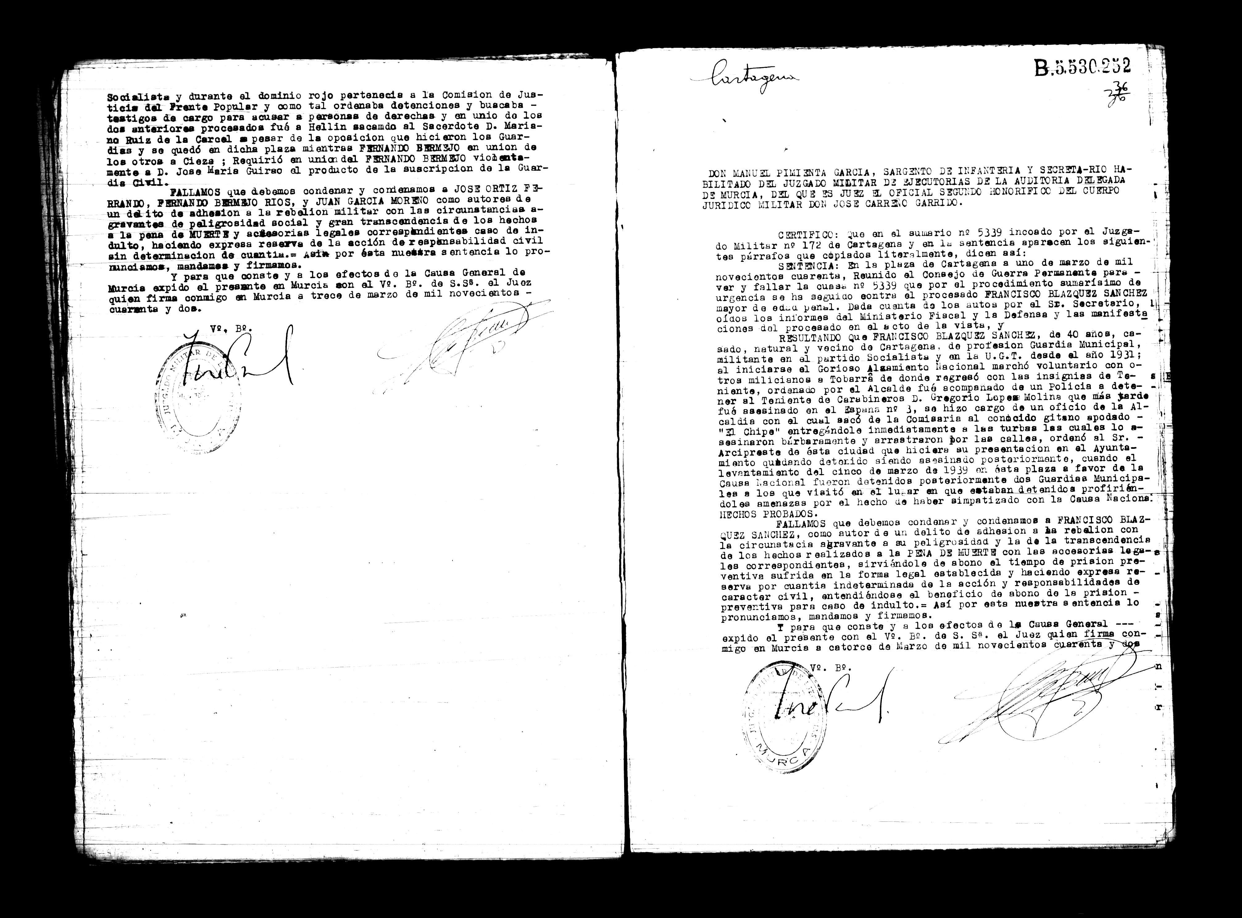 Certificado de la sentencia pronunciada contra Francisco Blázquez Sánchez, causa 5339, el 1 de marzo de 1940 en Cartagena.