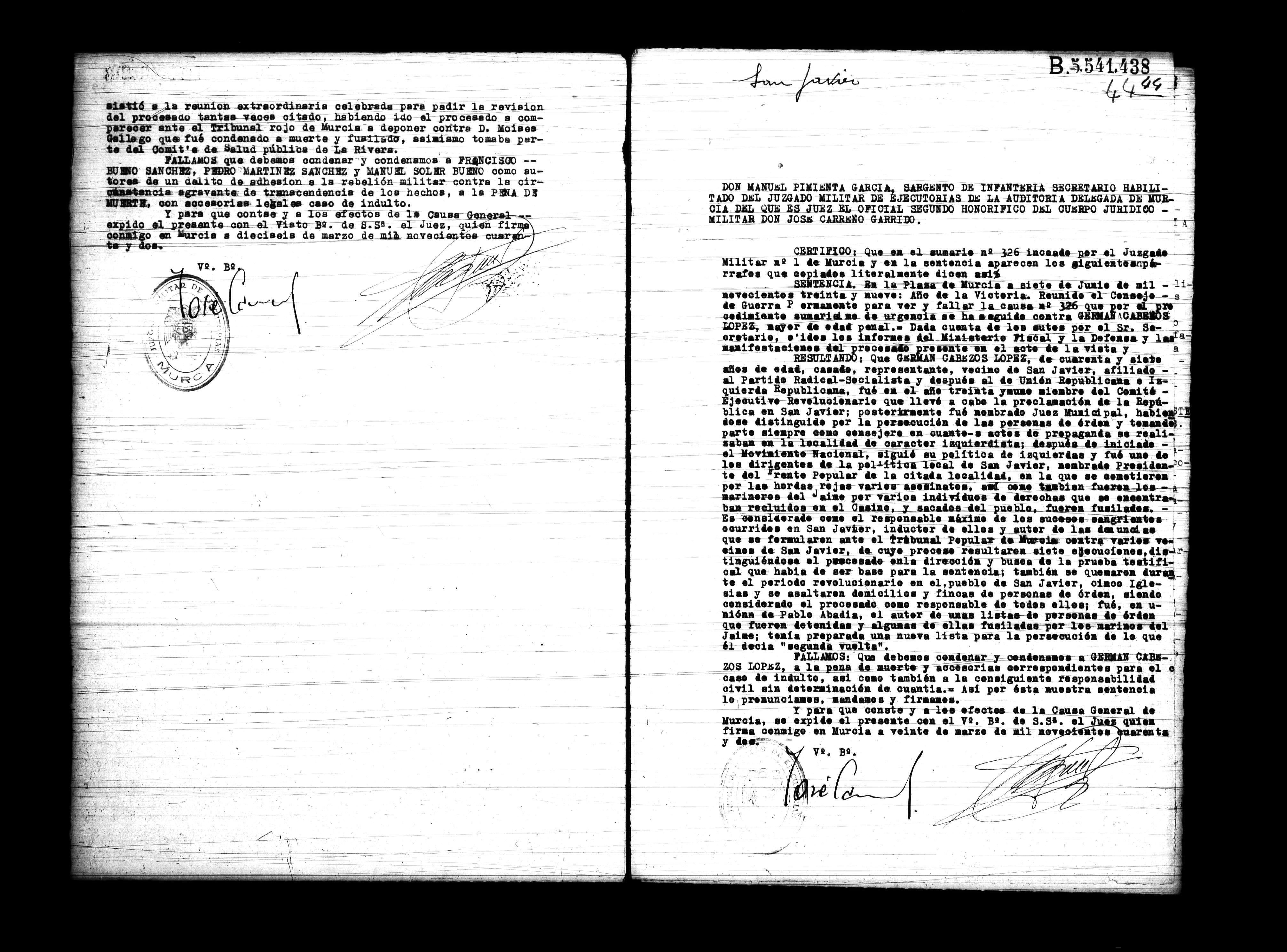 Certificado de la sentencia pronunciada contra Germán Cabezos López, causa 326, el 7 de junio de 1939 en Murcia.