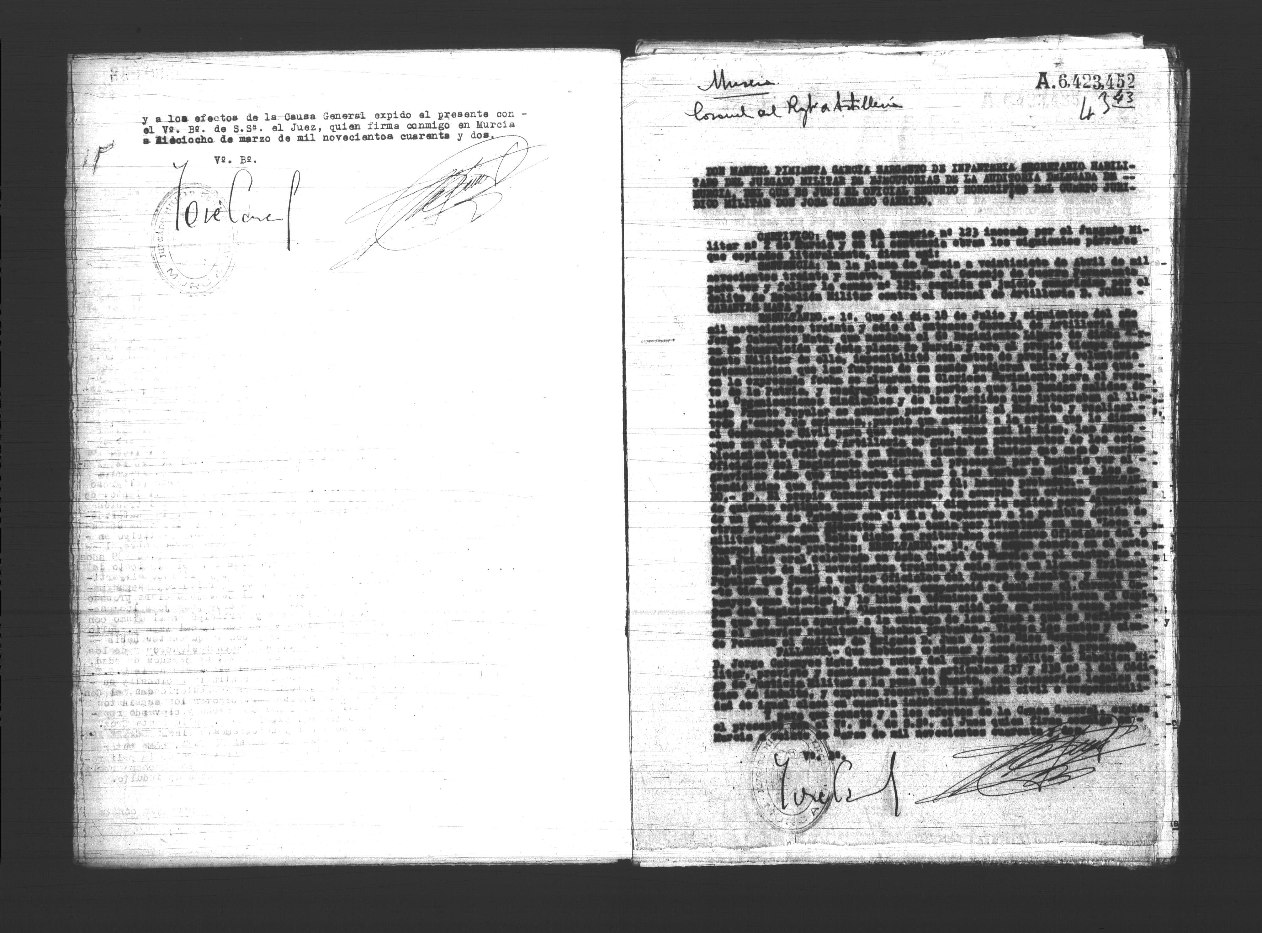 Certificado de la sentencia pronunciada contra el coronel de artillería Jorge Cabanyes Mata, causa 123, el 27 de abril de 1939.