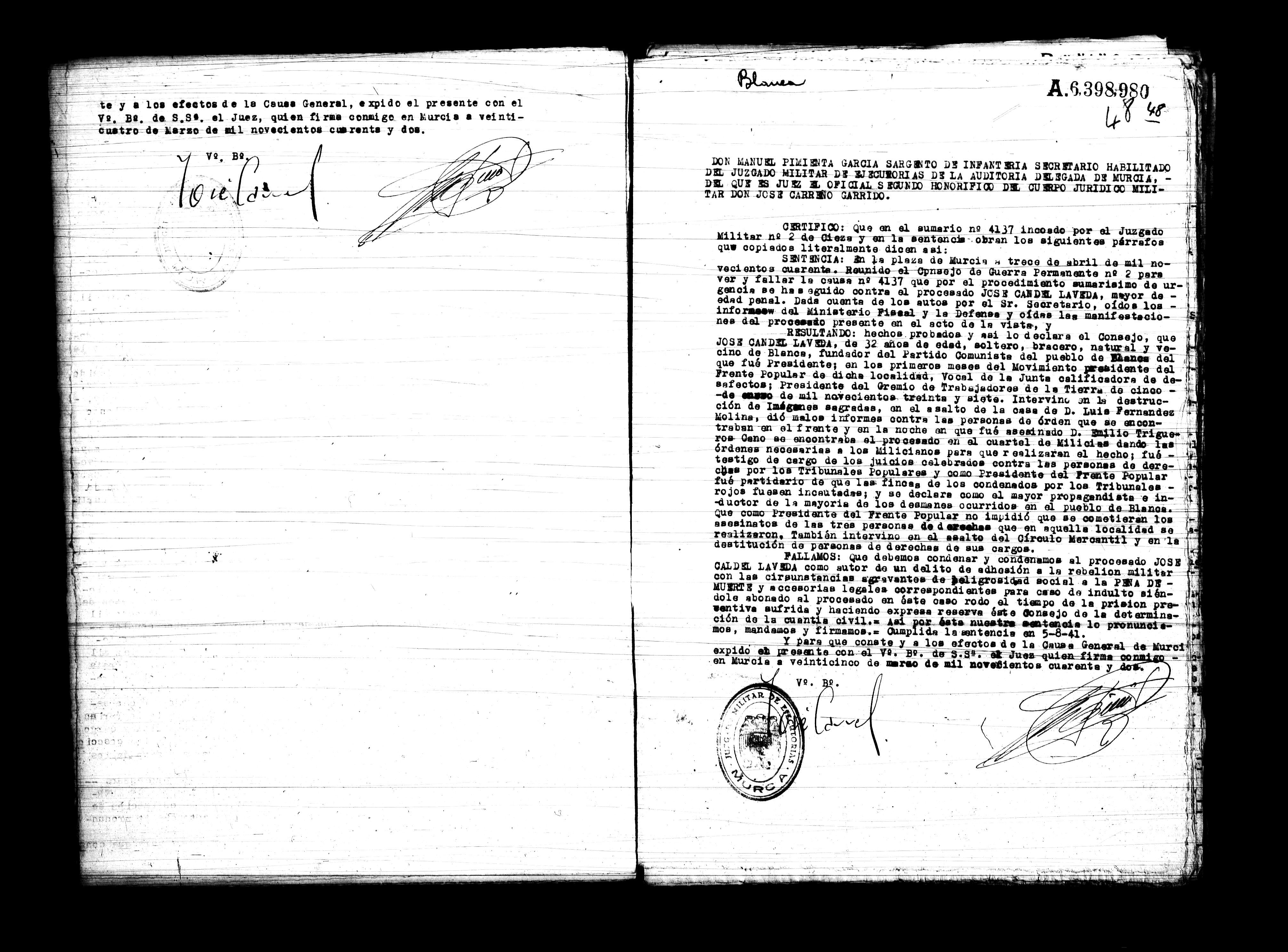 Certificado de la sentencia pronunciada contra José Candel Laveda, causa  4137, el 13 de abril de 1940 en Murcia.