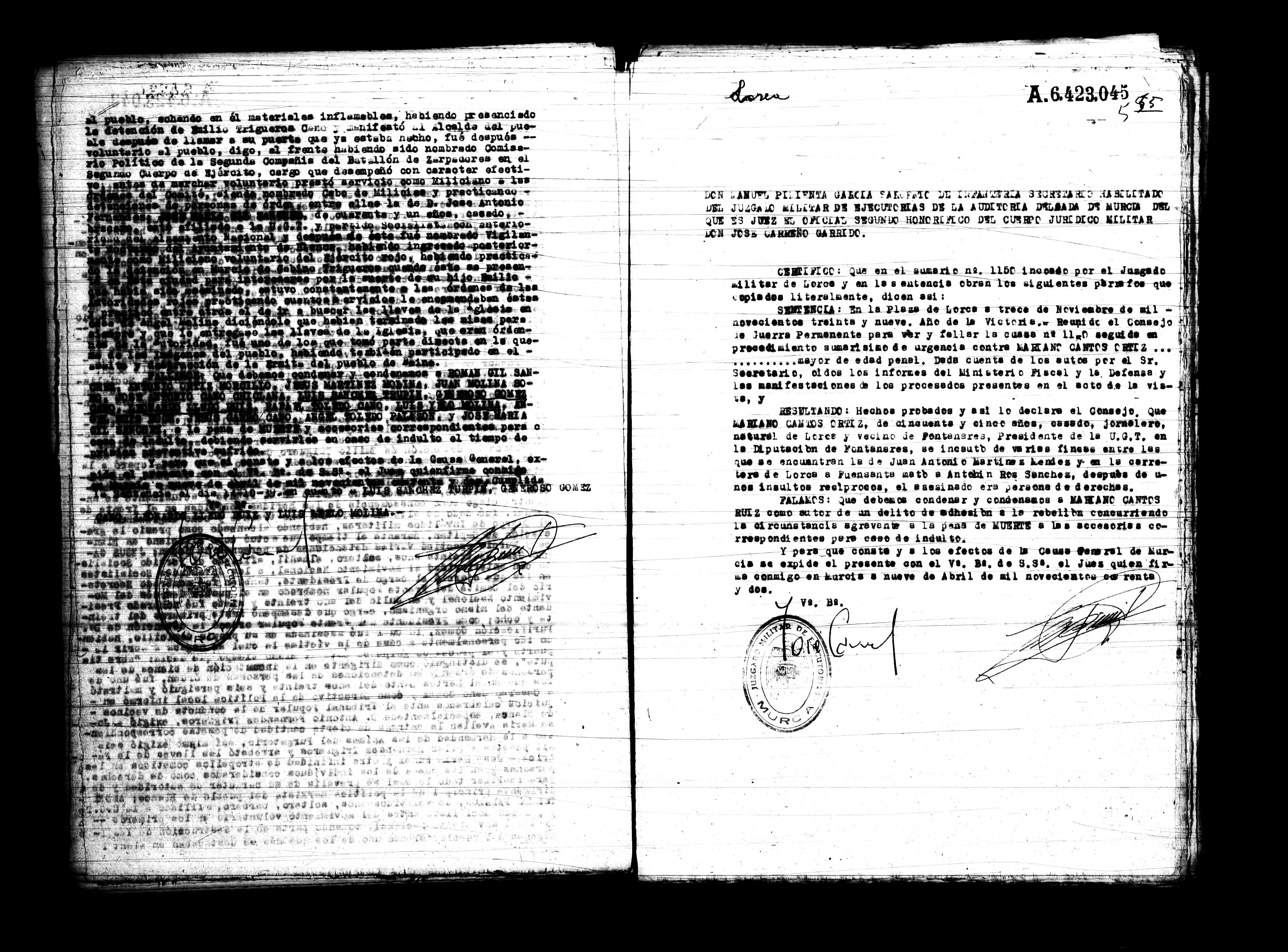 Certificado de la sentencia pronunciada contra Mariano Cantos Ortiz, causa 1150, el 9 de abril de 1942.