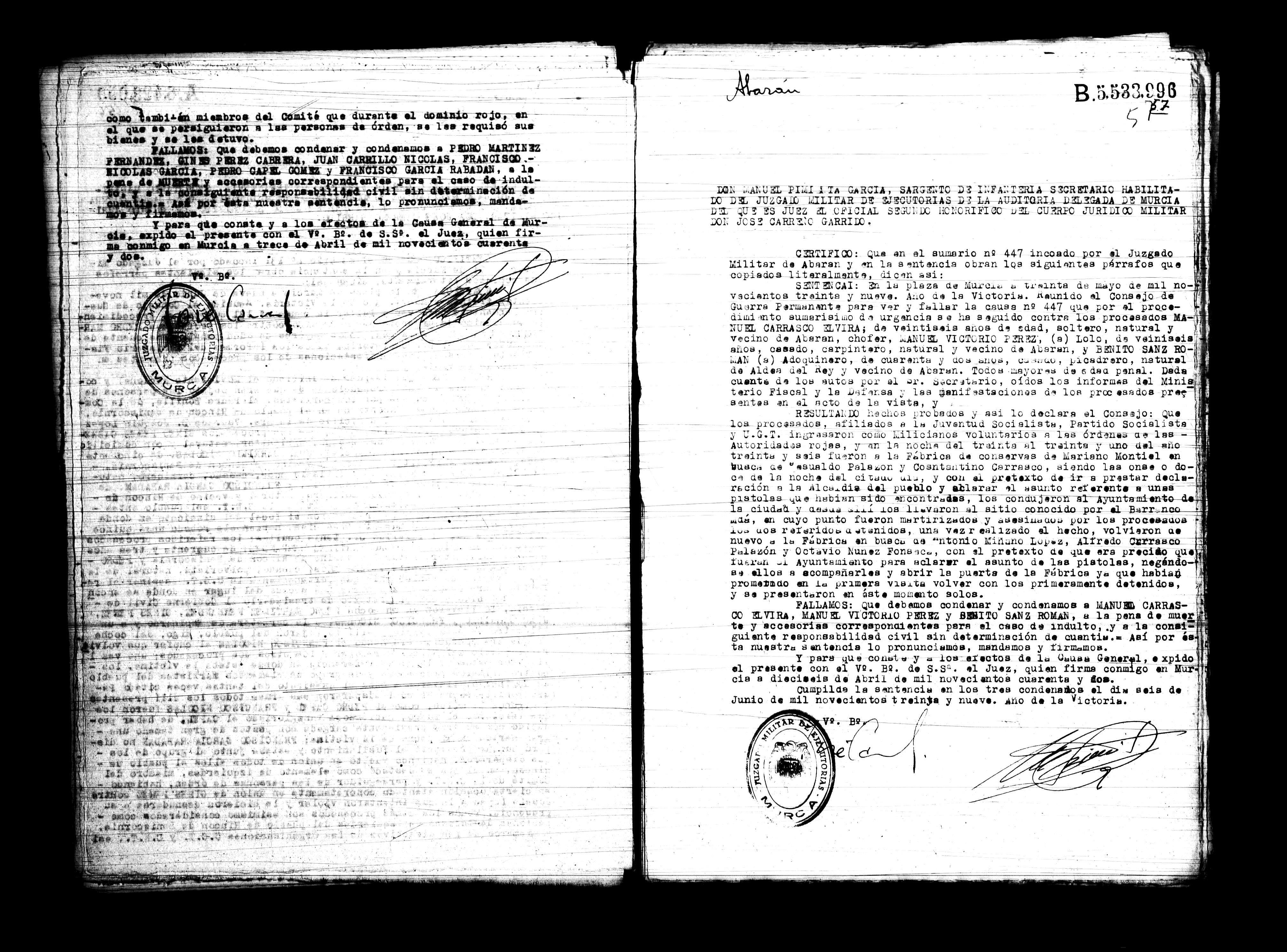 Certificado de la sentencia pronunciada contra Manuel Carrasco Elvira, Manuel Victorio Pérez y Benito Sanz Román, causa 447, el 30 de mayo de 1939 en Murcia.