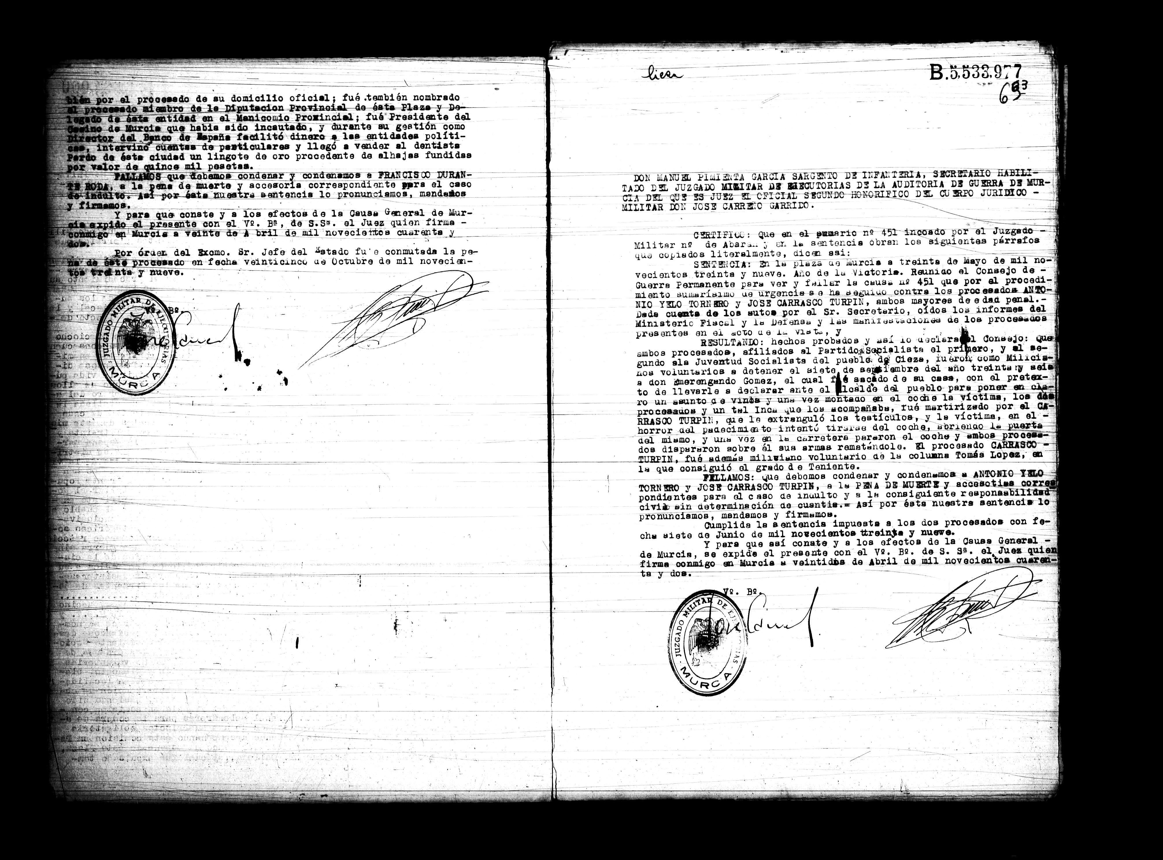 Certificado de la sentencia pronunciada contra Antonio Yelo Tornero y José Carrasco Turpín, causa 451, el 30 de mayo de 1939 en Murcia.