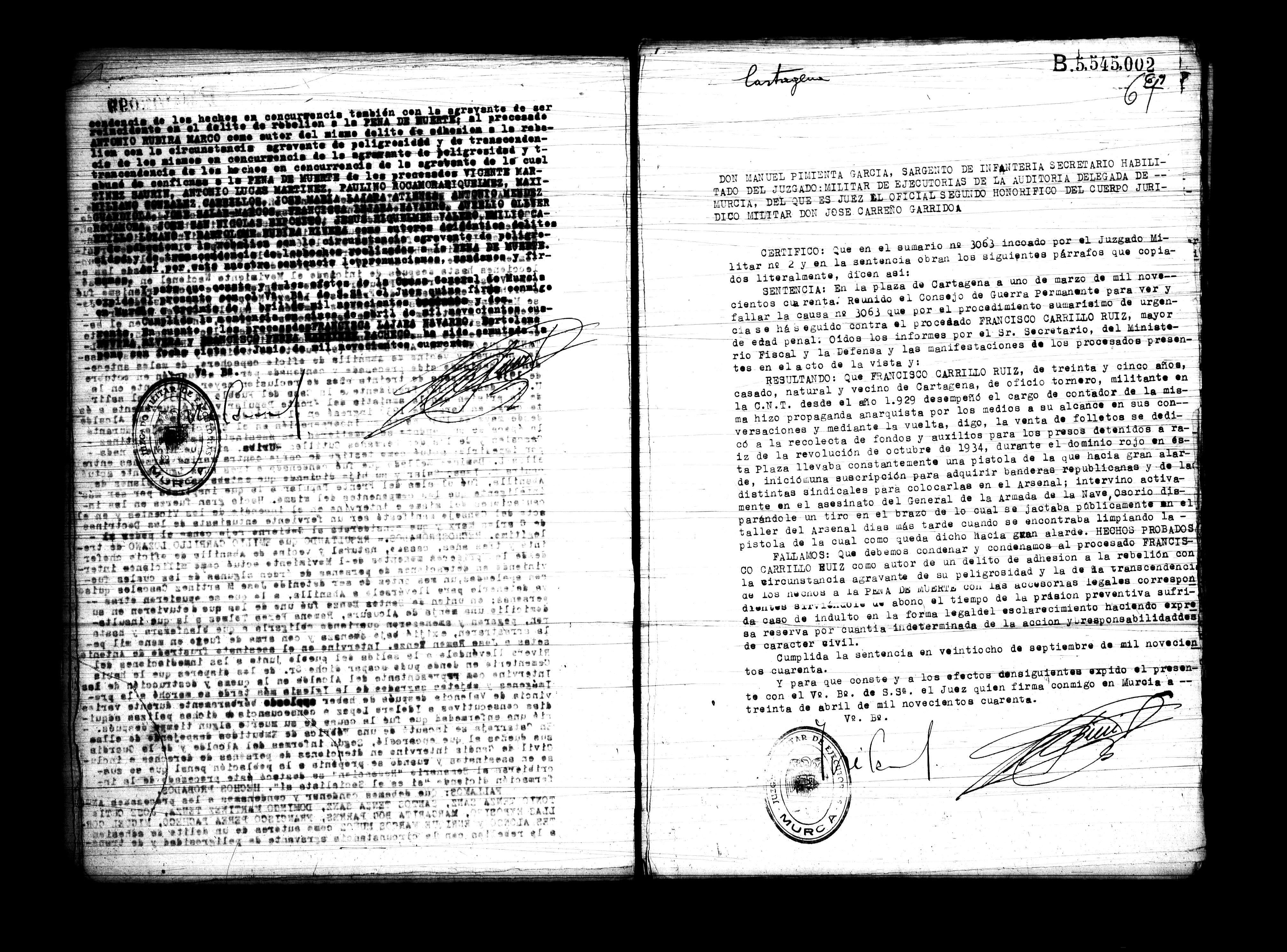 Certificado de la sentencia pronunciada contra Francisco Carrillo Ruiz, causa 3063, el 1 de marzo de 1940 en Cartagena.