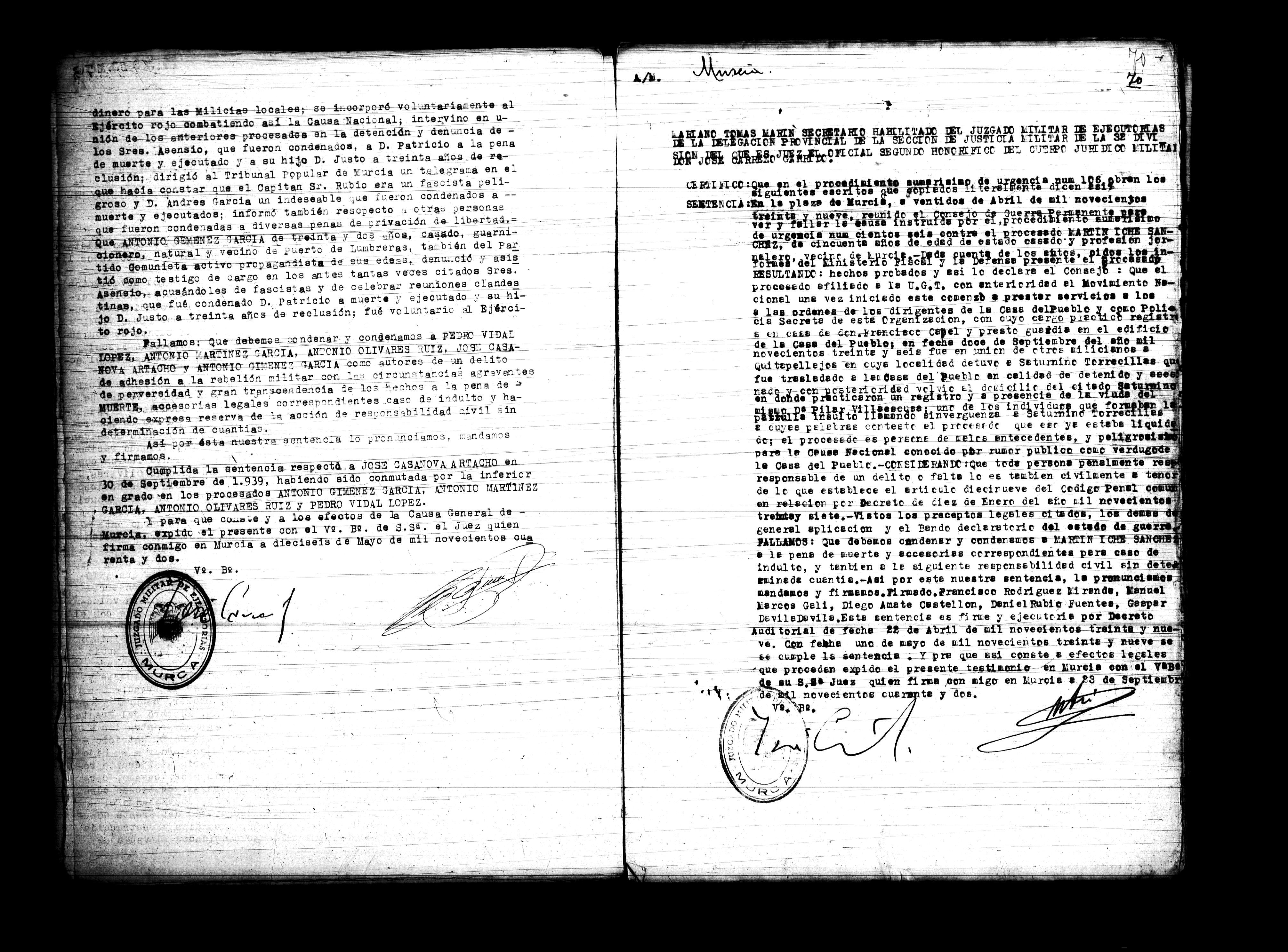 Certificado de la sentencia pronunciada contra Martín Iche Sánchez, causa 106, el 22 de abril de 1939 en Murcia.