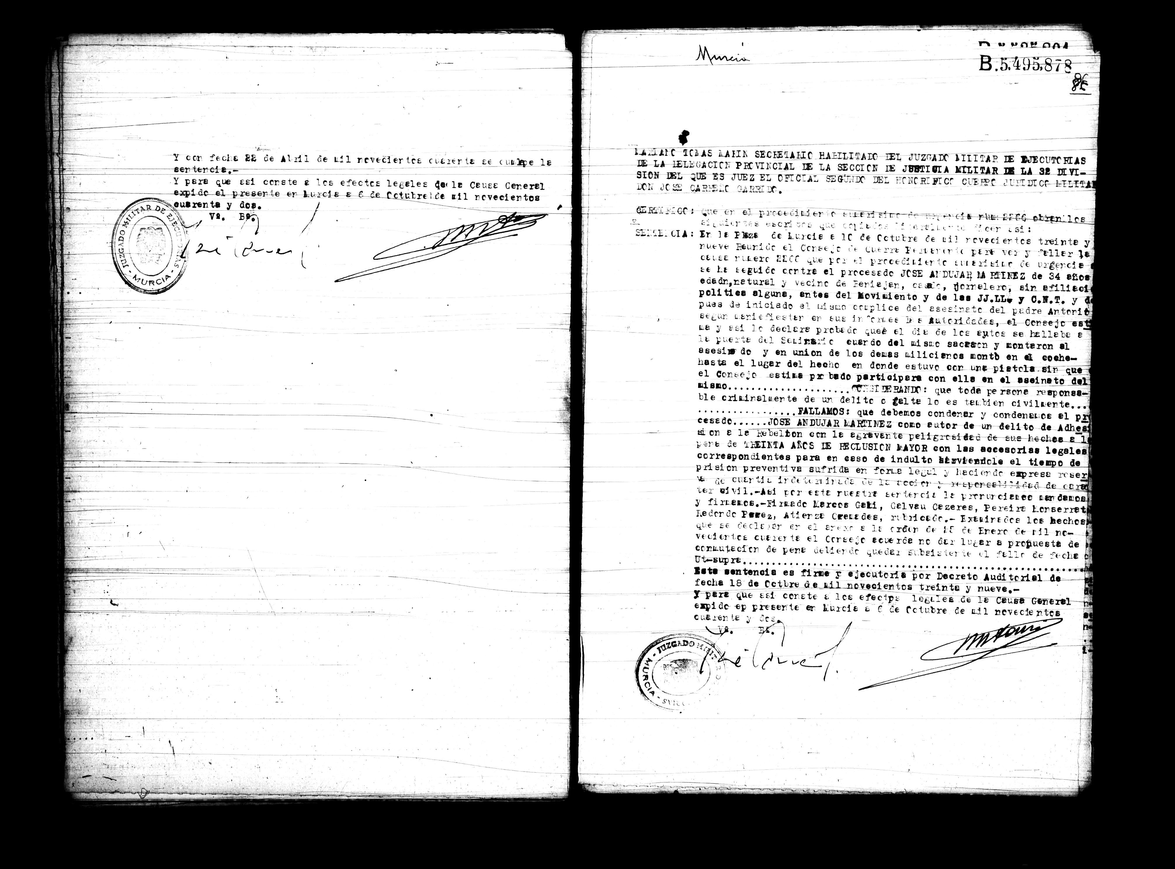 Certificado de la sentencia pronunciada contra José Andújar Martínez, causa 2266, el 10 de octubre de 1939 en Murcia.