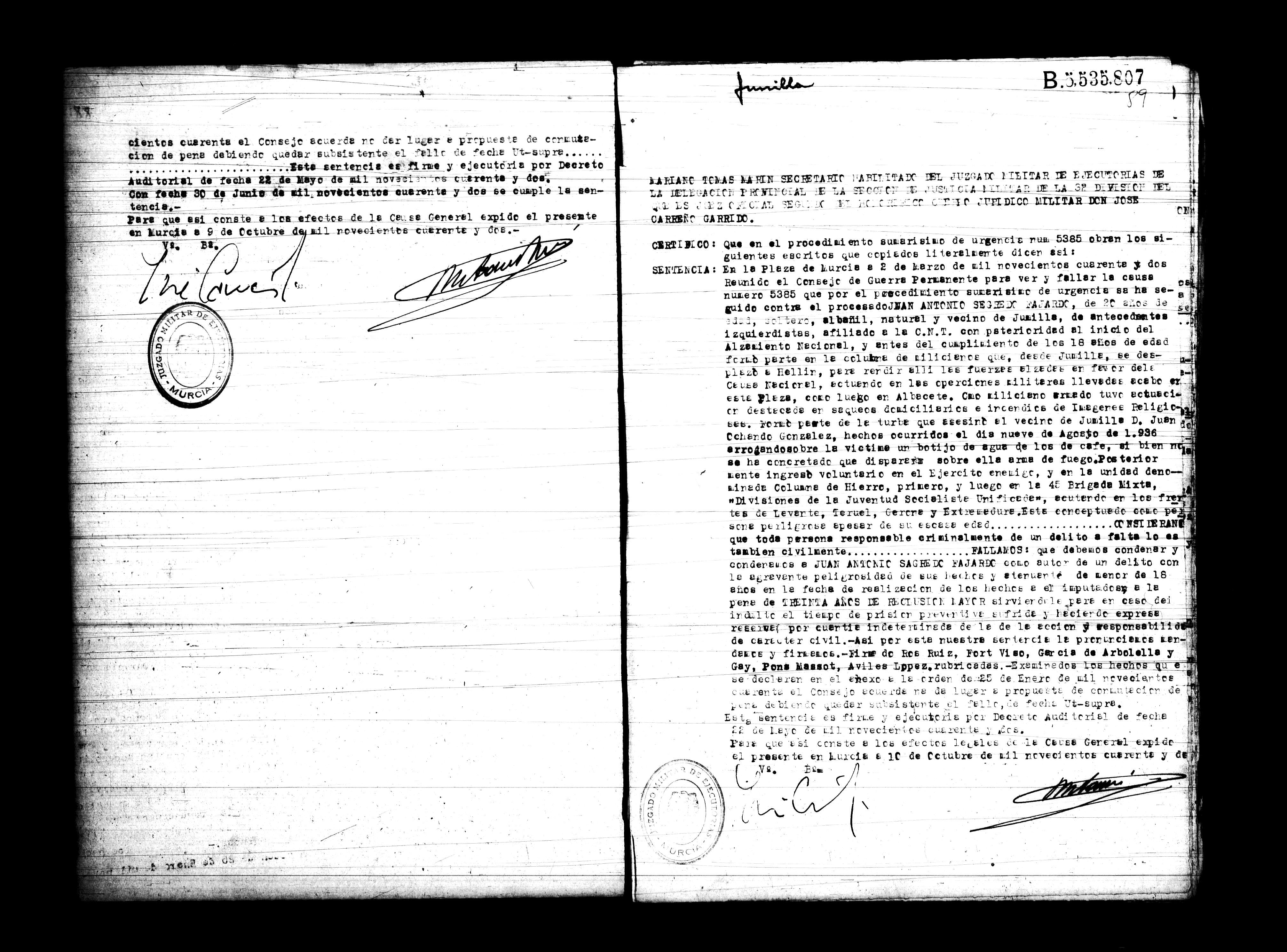 Certificado de la sentencia pronunciada contra Juan Antonio Sagredo Fajardo, causa 5385, el 2 de marzo de 1942 en Murcia.