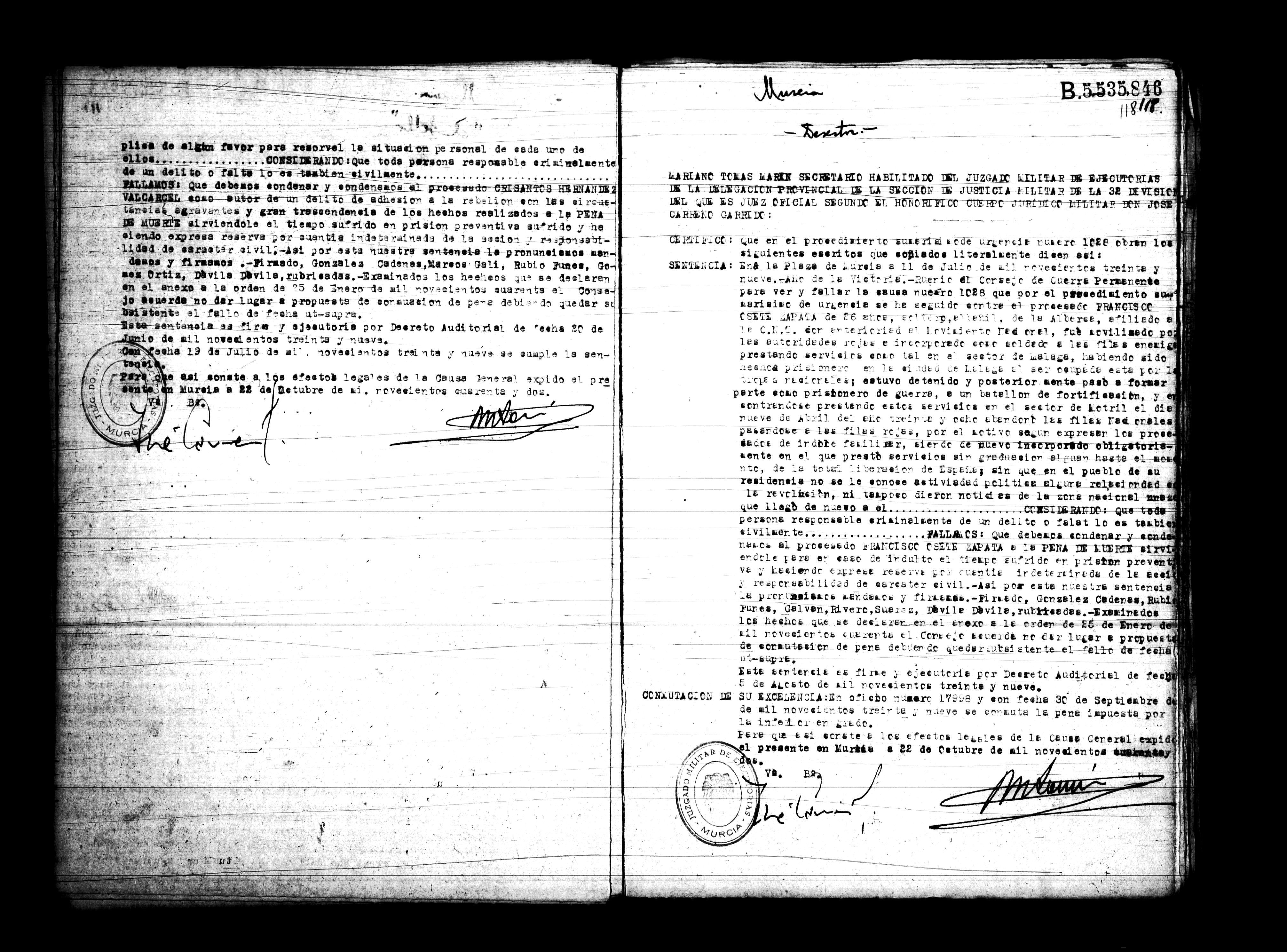 Certificado de la sentencia pronunciada contra Francisco Osete Zapata, causa 1028, el 11 de julio de 1939 en Murcia.