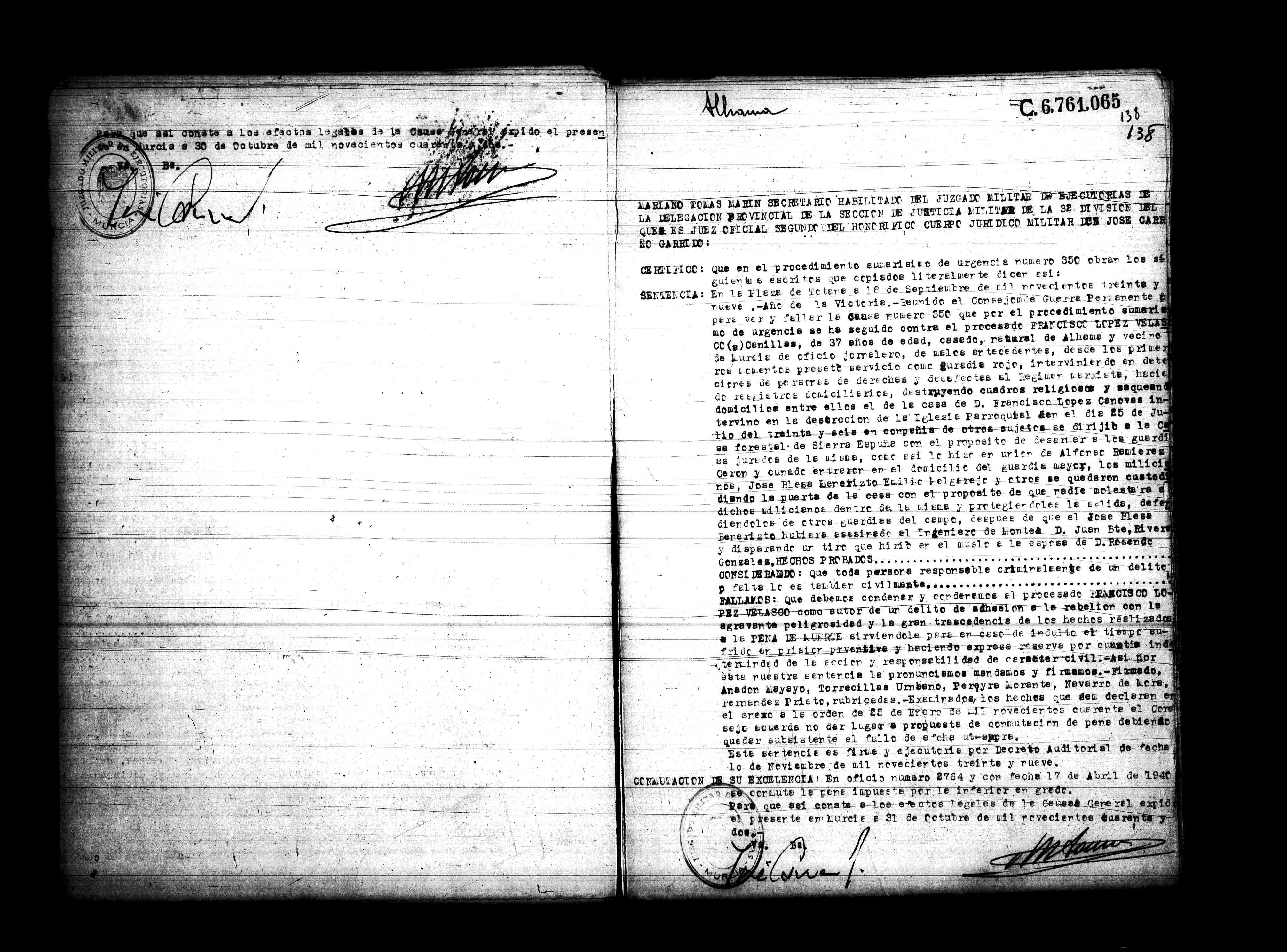 Certificado de la sentencia pronunciada contra Francisco López Velasco, causa 350, el 18 de septiembre de 1939 en Totana.