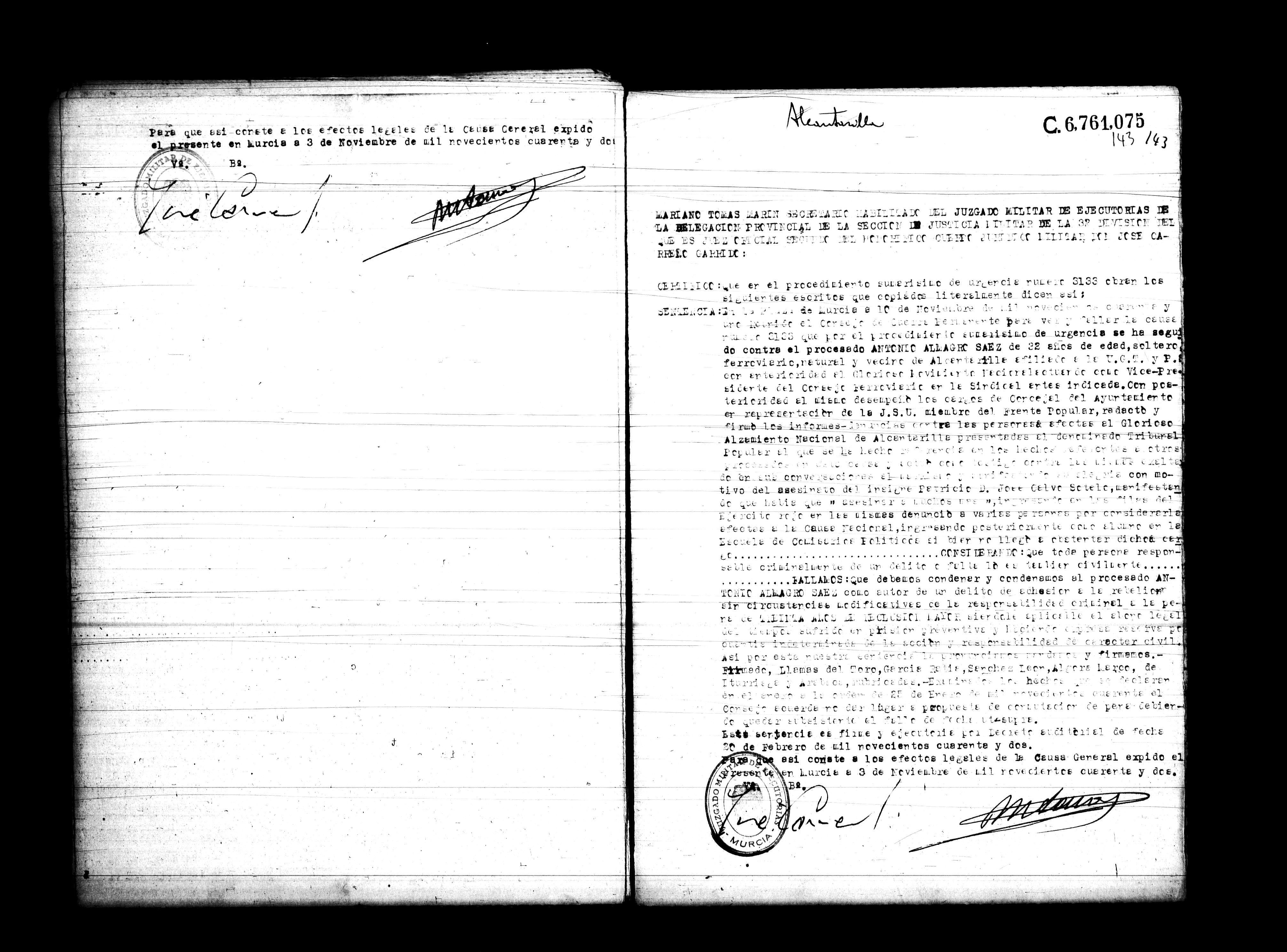 Certificado de la sentencia pronunciada contra Antonio Almagro Sáez, causa 3133, el 10 de noviembre de 1941 en Murcia.