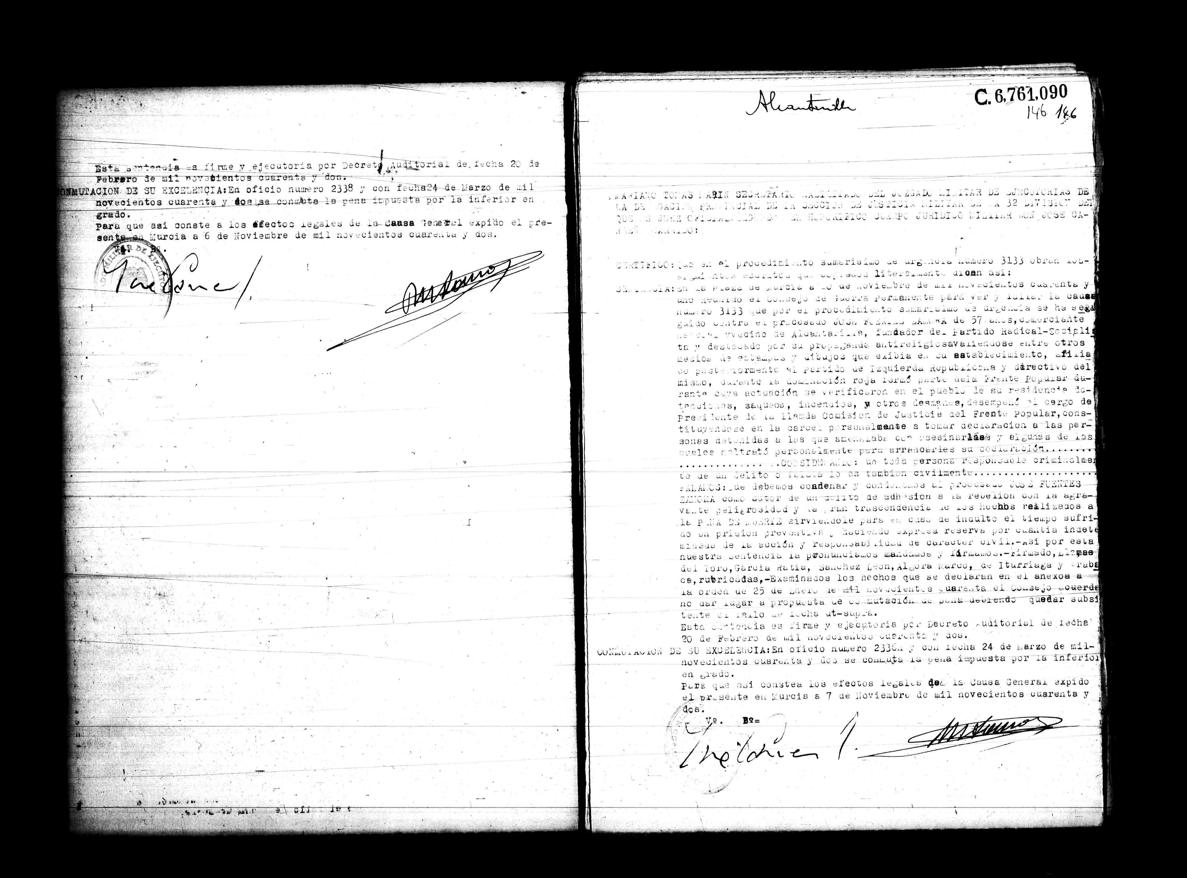 Certificado de la sentencia pronunciada contra José Fuentes Zamora, causa 3133, el 7 de noviembre de 1942 en Murcia.
