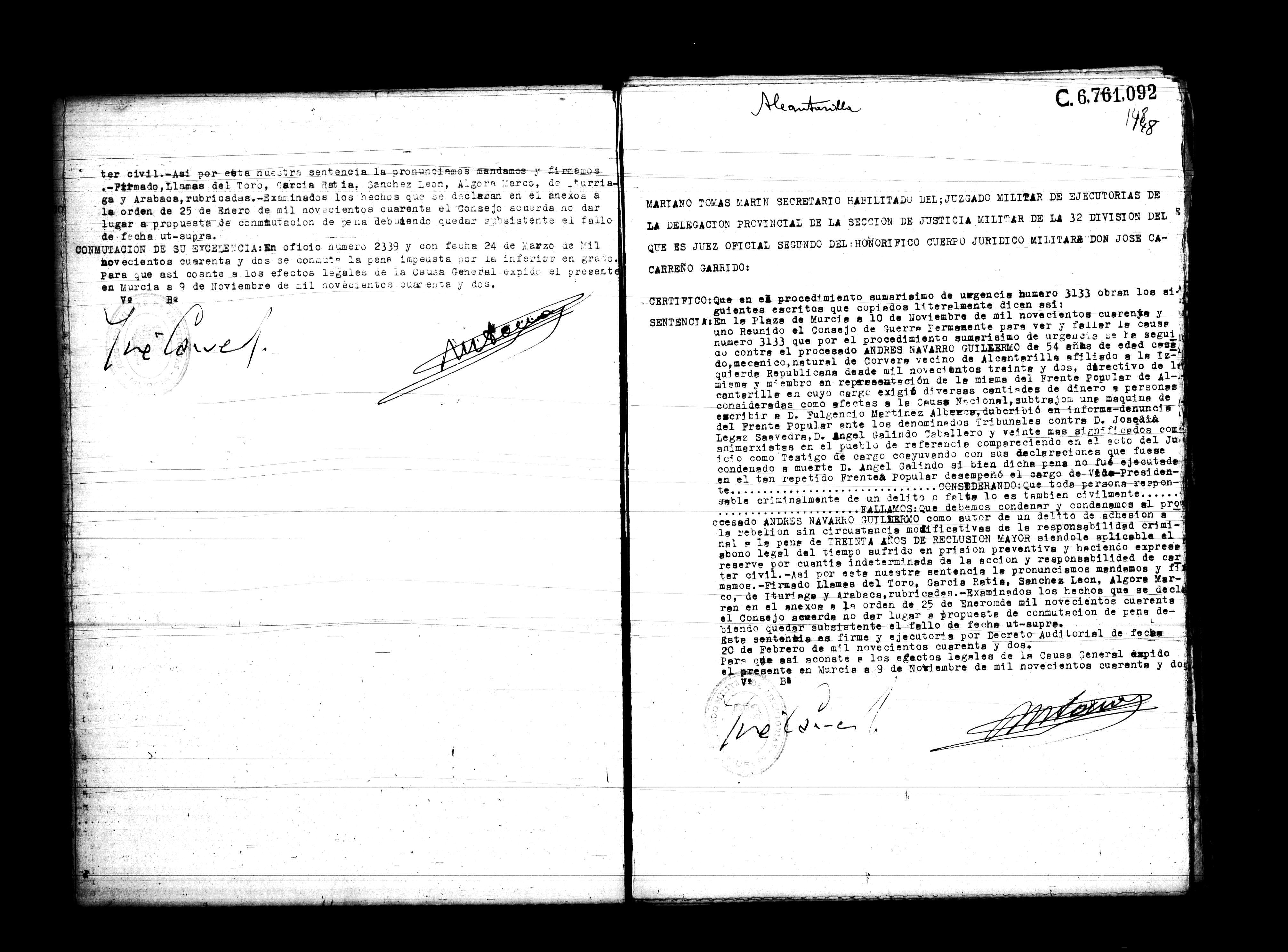 Certificado de la sentencia pronunciada contra Andrés Navarro Guillermo, causa 3133, el 10 de noviembre de 1941 en Murcia.