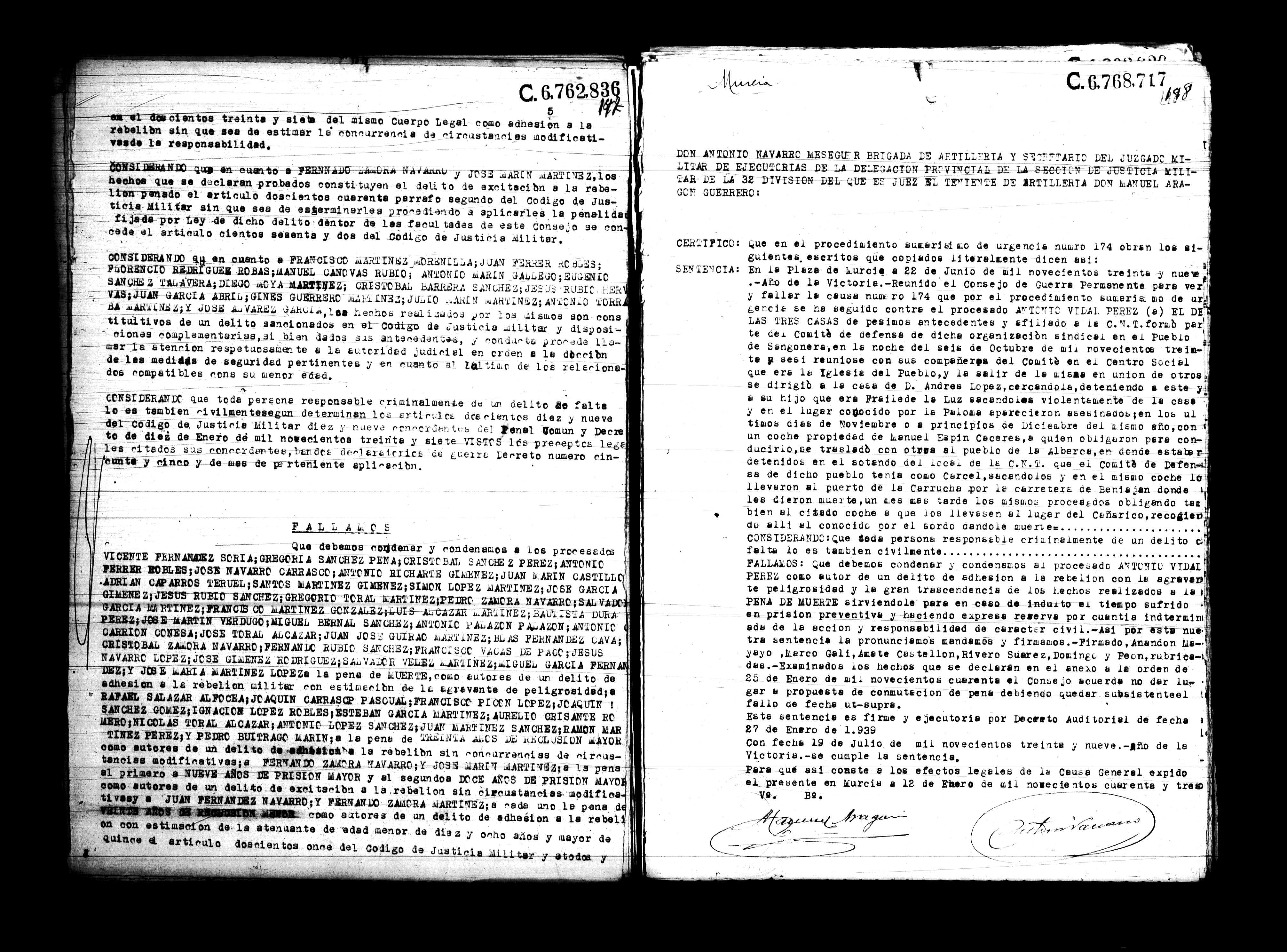 Certificado de la sentencia pronunciada contra Antonio Vidal Pérez, causa 174, el 22 de junio de 1939 en Murcia.
