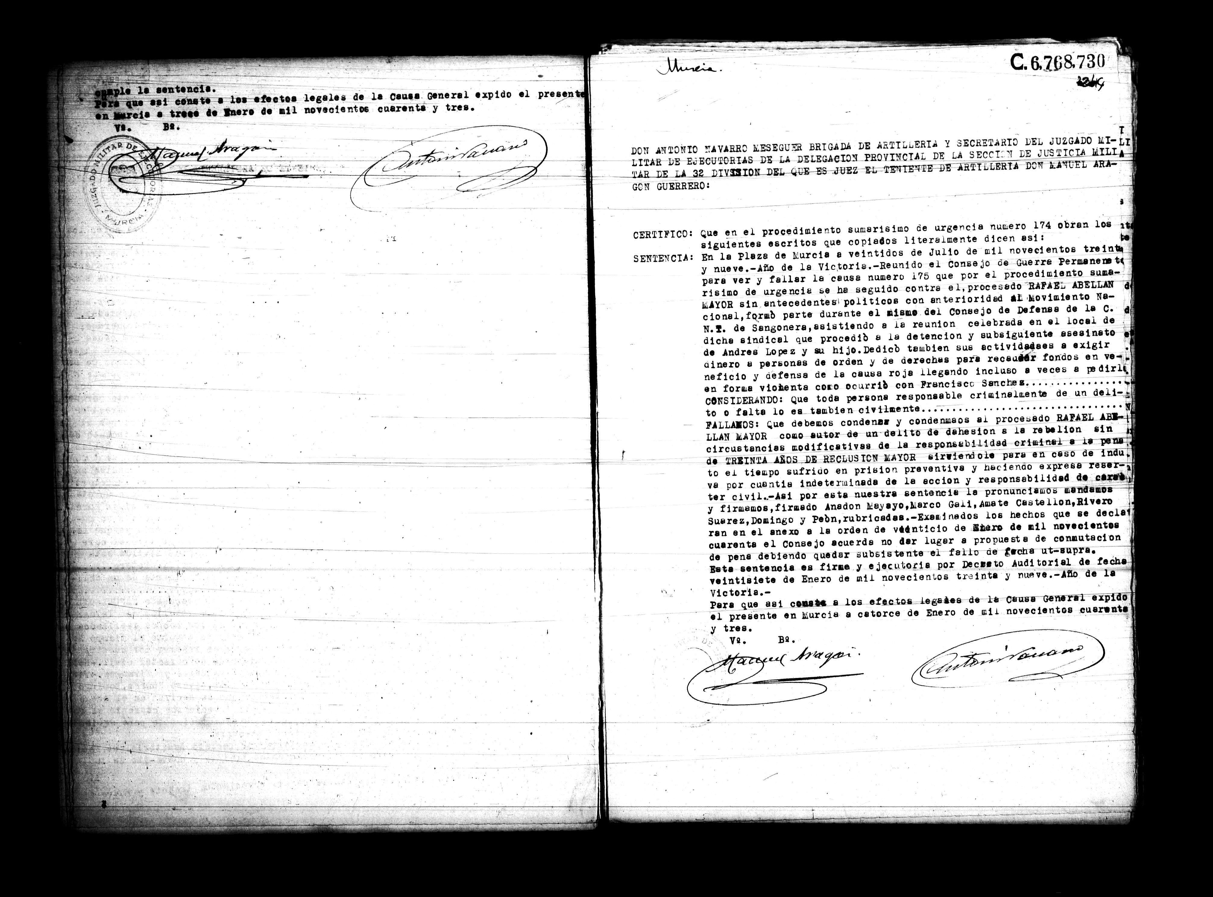 Certificado de la sentencia pronunciada contra Rafael Abellán Mayor, causa 175, el 22 de julio de 1939 en Murcia.