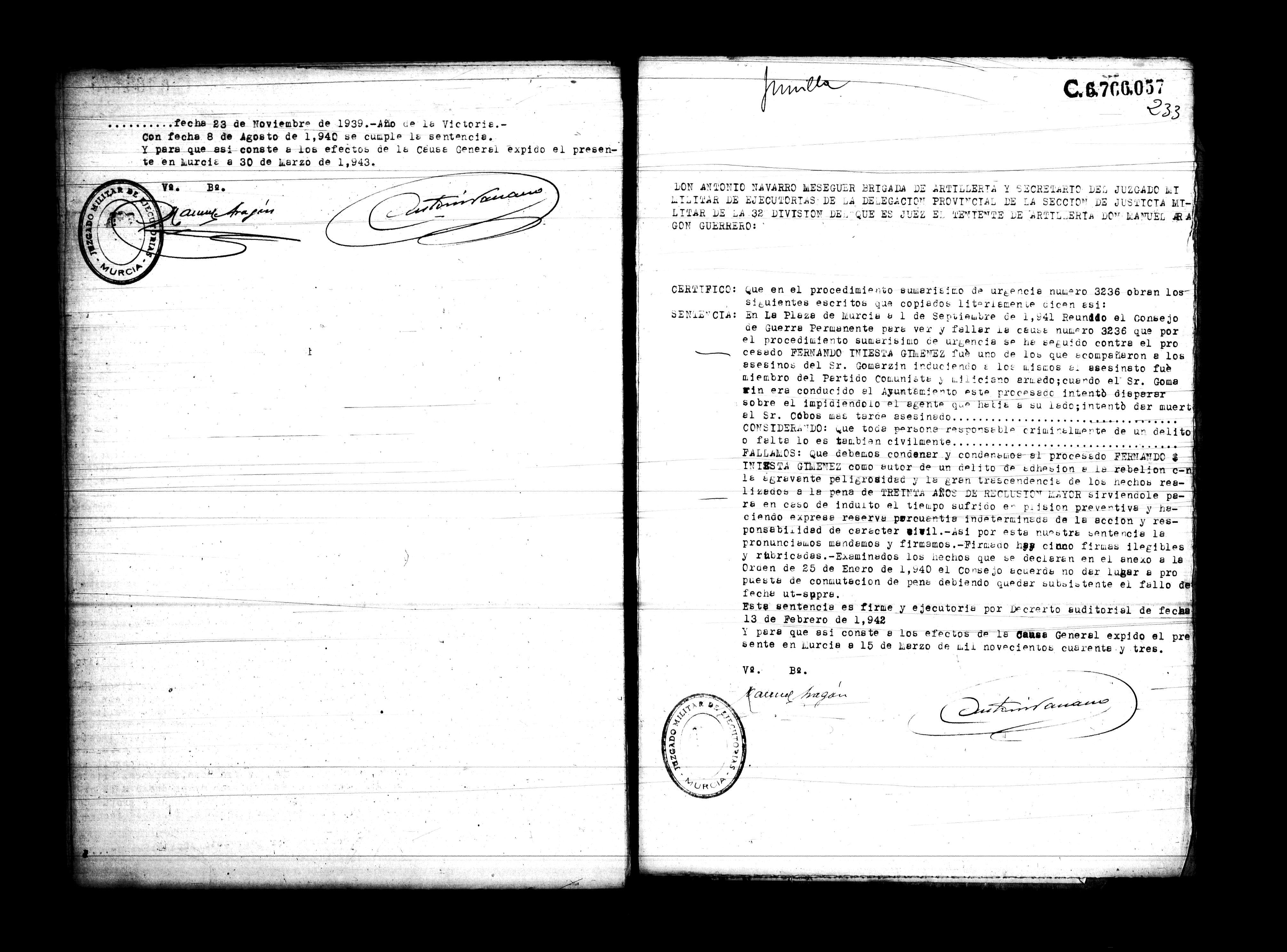 Certificado de la sentencia pronunciada contra Fernando Iniesta Giménez, causa 3236, el 1 de septiembre de 1941 en Murcia.