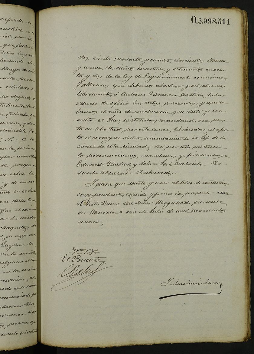 Libro de Sentencias penales de jurados de la Sección 2ª de la Audiencia Provincial de Murcia. Años 1909-1910.