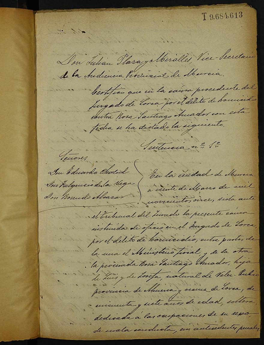 Libro de Sentencias penales ante el tribunal del jurado de la Sección 2ª de la Audiencia Provincial de Murcia. Año 1911.