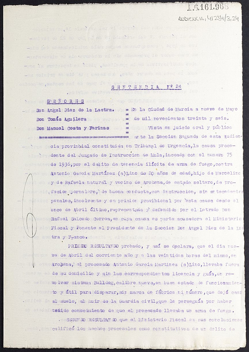 Sentencia nº 24/1936 de la Audiencia Provincial constituida en Tribunal de Urgencia contra Antonio García Martínez por tenencia ilícita de armas.