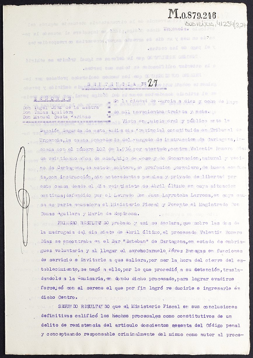 Sentencia nº 27/1936 de la Audiencia Provincial constituida en Tribunal de Urgencia contra Valentín Romero Díaz por atentado.