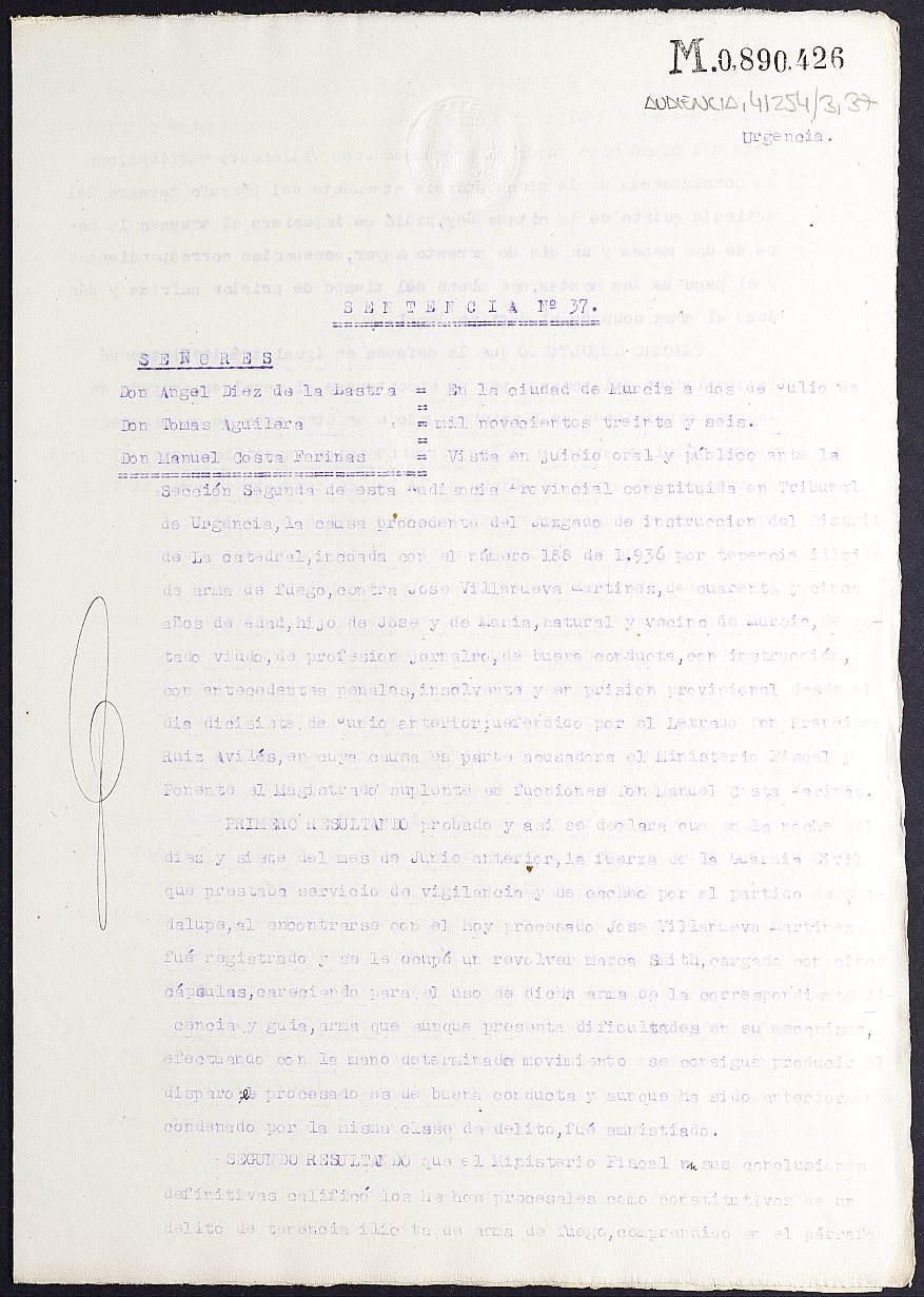 Sentencia nº 37/1936 de la Audiencia Provincial constituida en Tribunal de Urgencia contra José Villanueva Martínez por tenencia ilícita de armas.