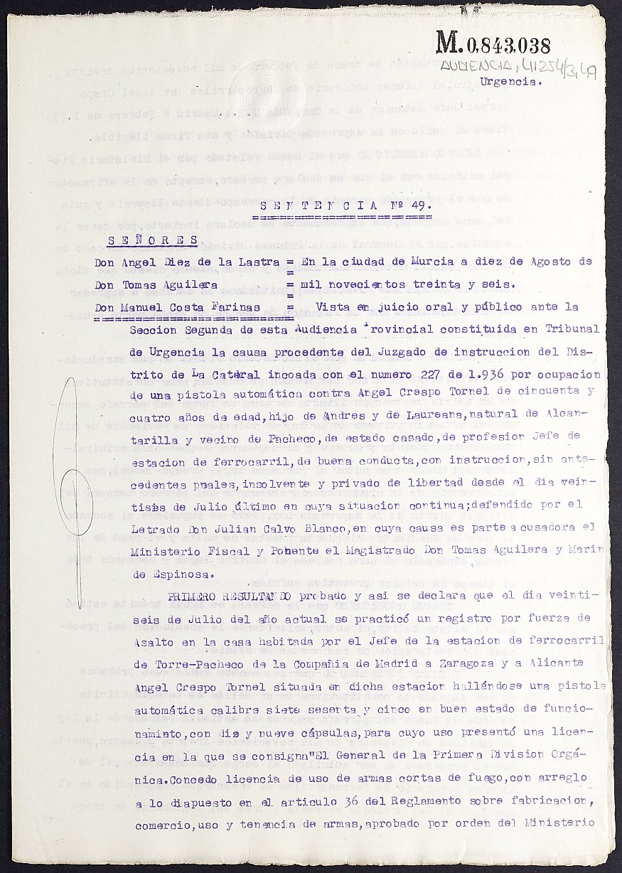 Sentencia nº 49/1936 de la Audiencia Provincial constituida en Tribunal de Urgencia contra Ángel Crespo Tornel por tenencia ilícita de armas.