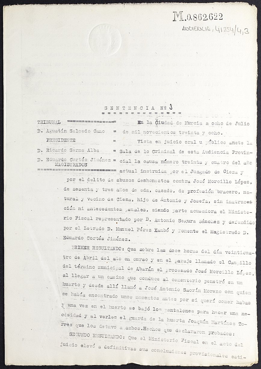 Sentencia nº 3/1938 de la Audiencia Provincial contra José Morcillo López por delito de abusos deshonestos.