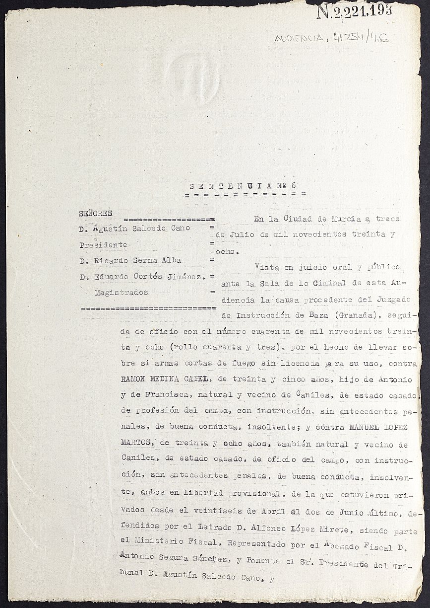Sentencia nº 6/1938 de la Audiencia Provincial contra Ramón Medina Capel y Manuel López Martos por tenencia ilícita de armas.