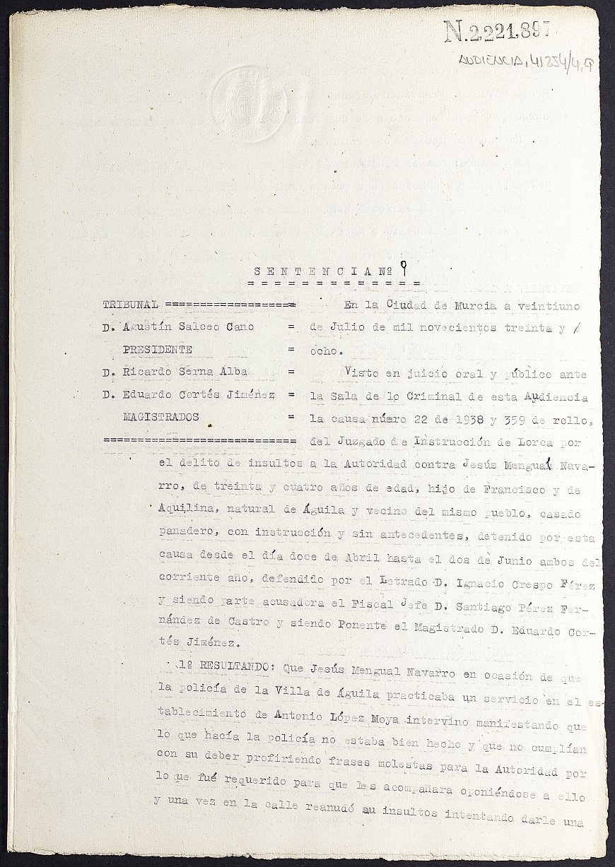 Sentencia nº 9/1938 de la Audiencia Provincial contra Jesús Mengual Navarro por insultos a la autoridad.