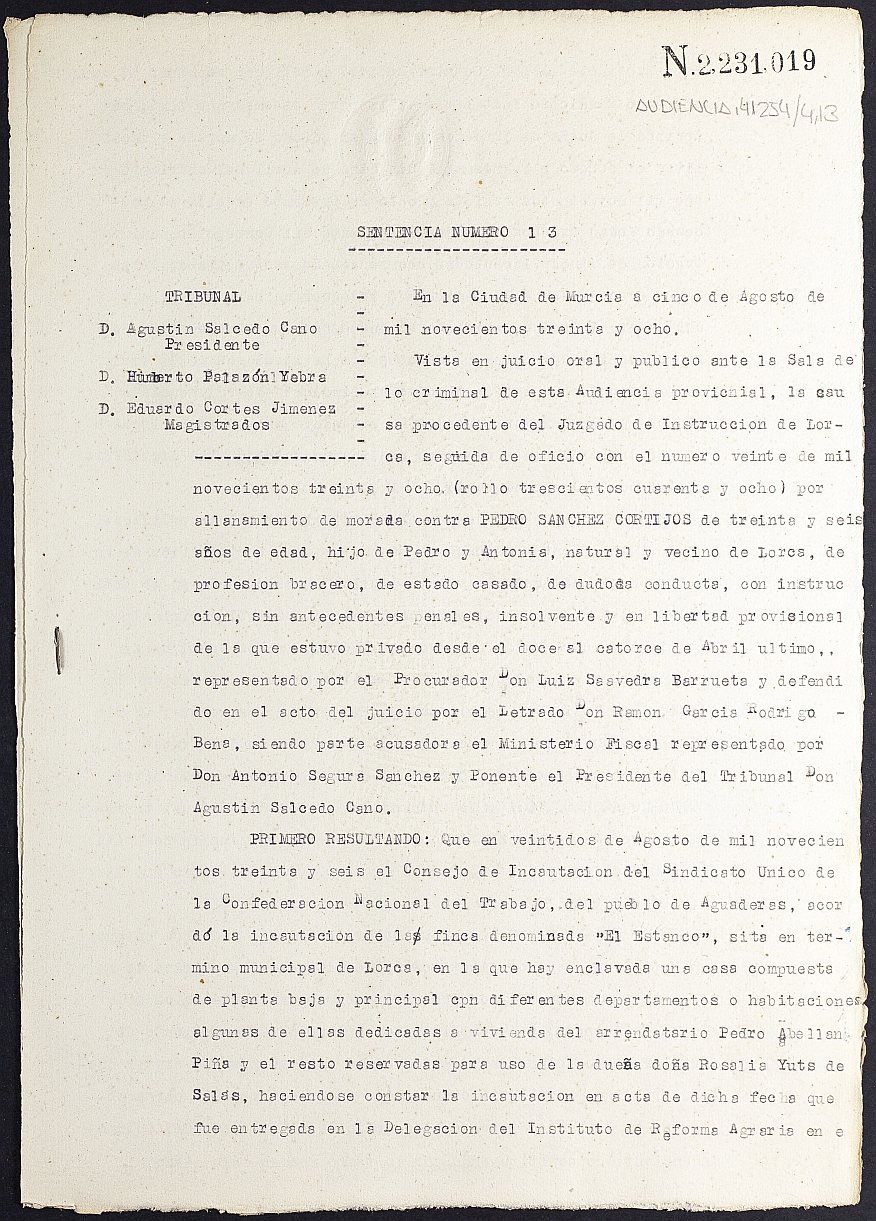 Sentencia nº 13/1938 de la Audiencia Provincial contra Pedro Sánchez Cortijos por allanamiento de morada.