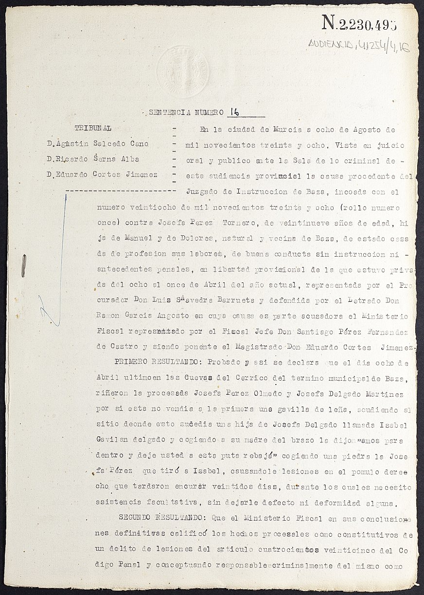 Sentencia nº 16/1938 de la Audiencia Provincial contra Josefa Pérez Tornero por delito de lesiones leves.