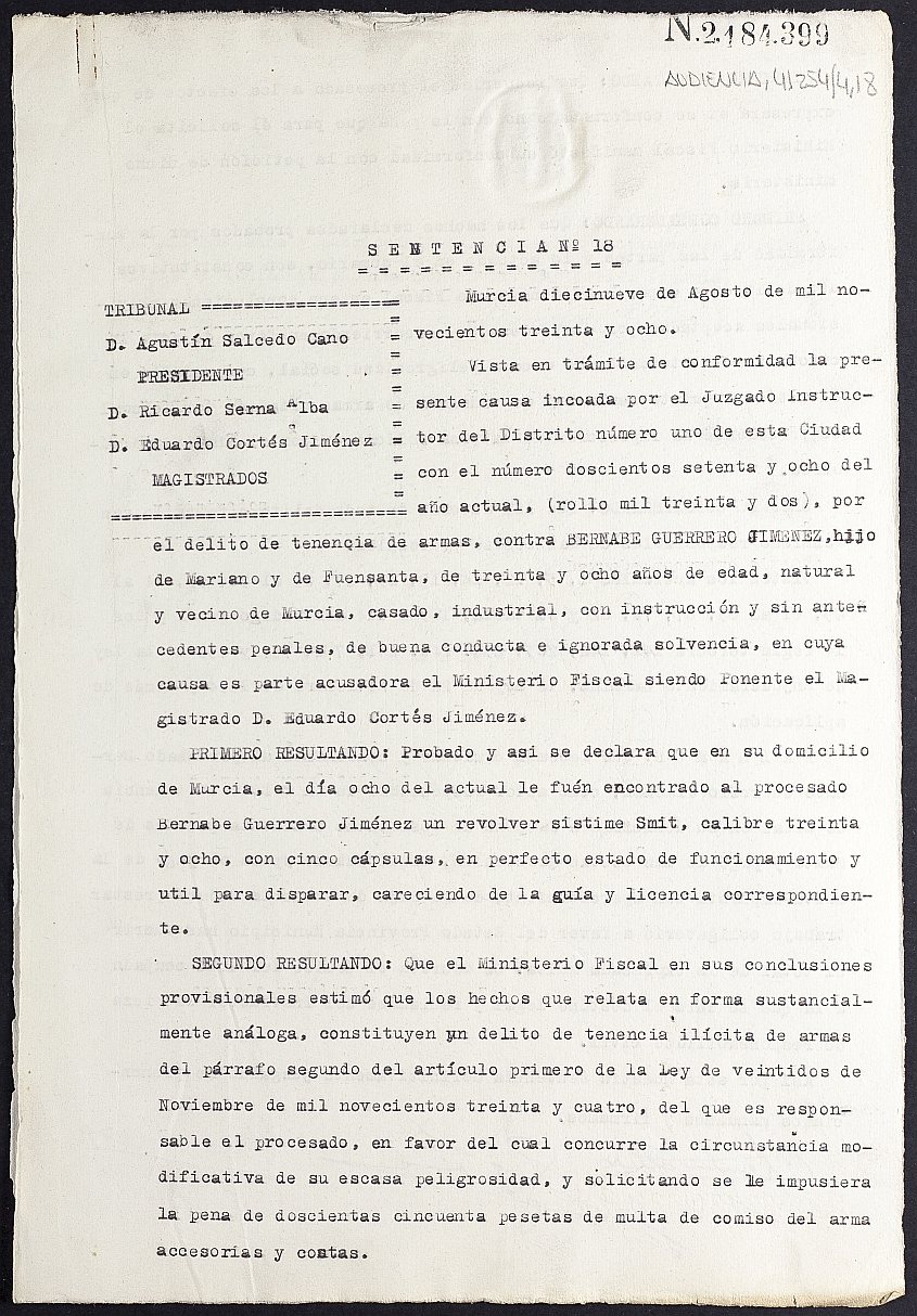 Sentencia nº 18/1938 de la Audiencia Provincial contra Bernabé Herrero Jiménez por tenencia de armas.