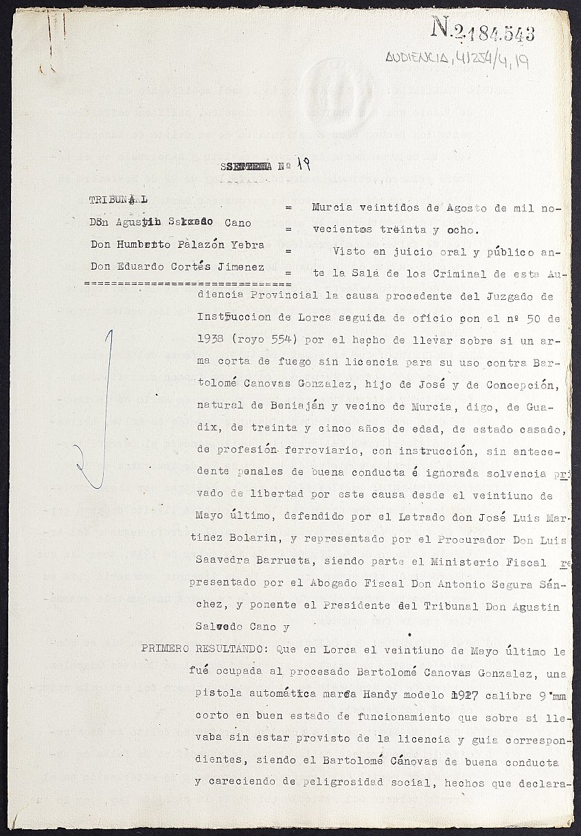 Sentencia nº 19/1938 de la Audiencia Provincial contra Bartolomé Cánovas González por tenencia de armas.
