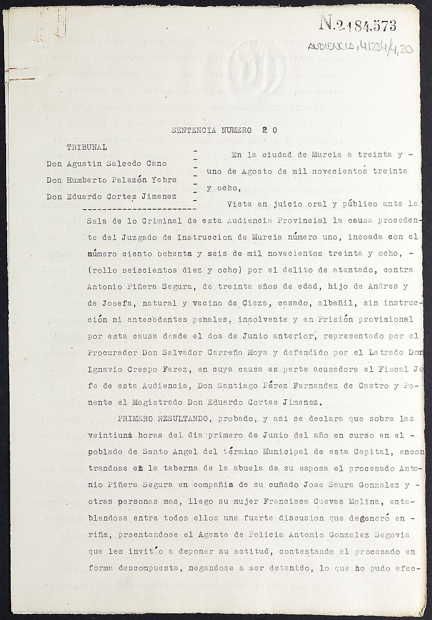 Sentencia nº 20/1938 de la Audiencia Provincial contra Antonio Piñera Segura por el delito de atentado.
