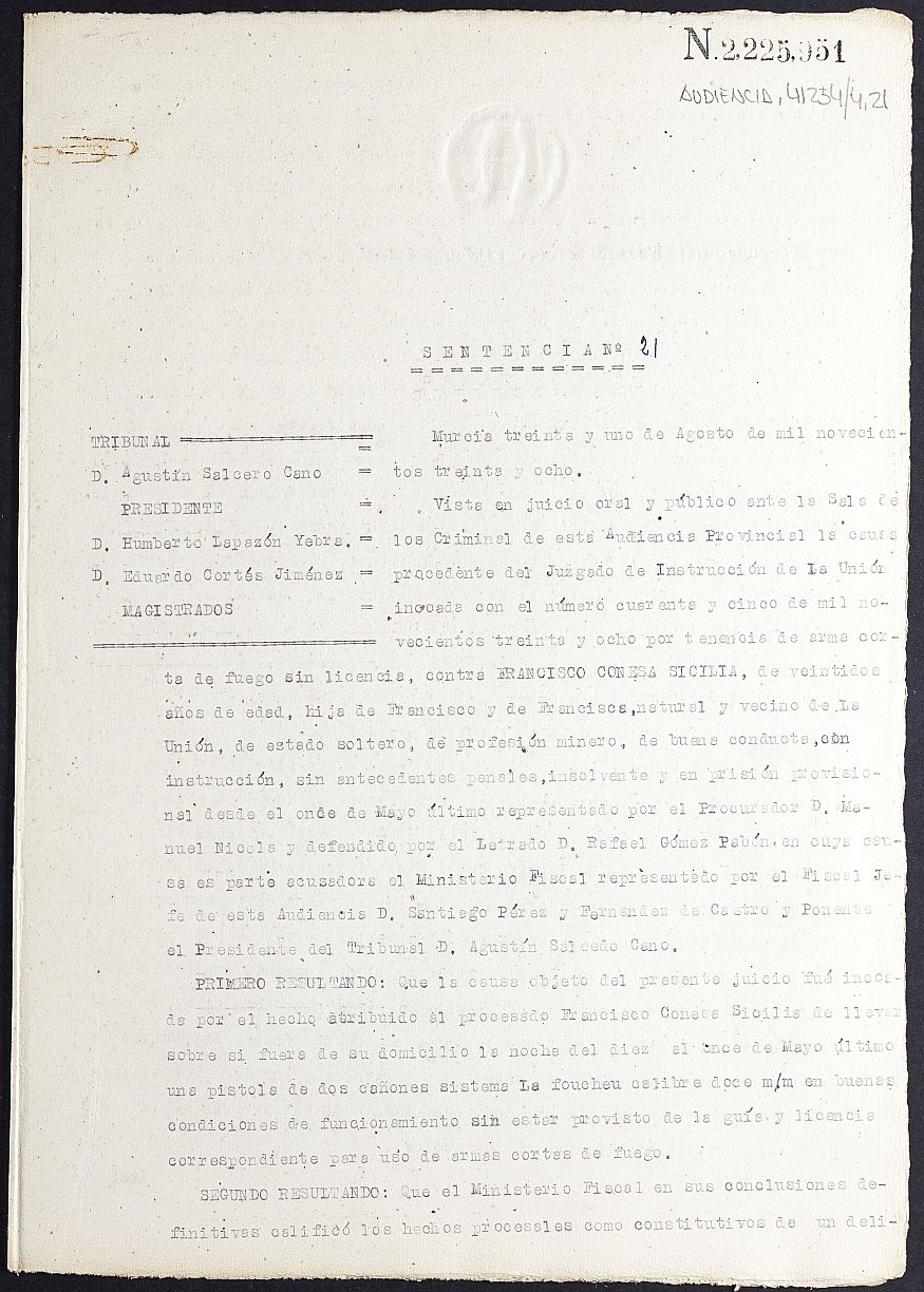 Sentencia nº 21/1938 de la Audiencia Provincial contra Francisco Conesa Sicilia por tenencia de armas.